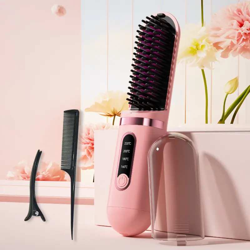 Portable Wireless Hair Straightener Brush Fast Heating 4 Temperature Settings 4000mAh Rechargeable Anti-Scald Hair Styling Tool Cordless Hair Straightener Hair Straightening Brush