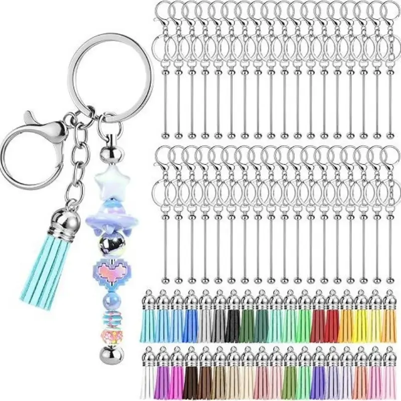 6-Piece Silver Color Beaded Keychain Set, DIY Metal Keychains, Bag Accessories, Holiday Gifts, Handmade Jewelry Making Kit, Bag Key Accessory