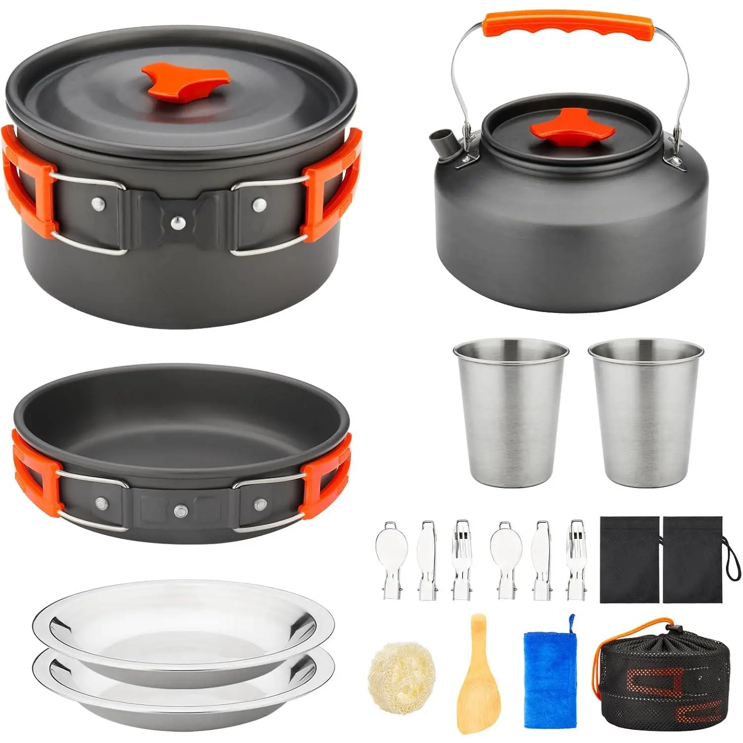 17pcs Portable Compact Aluminum Bamboo Camping Cookware Kit - 0.45Gal Pot, 7in Pan, 0.30Gal Heat Resistant Even Heating Energy-Saving Kettle, 2 Unisex Stainless Steel Cup-Plate-Fork-Knife-Spoon Sets, Ergonomic Handle, Easy Cleaning for Outdoor Hiking