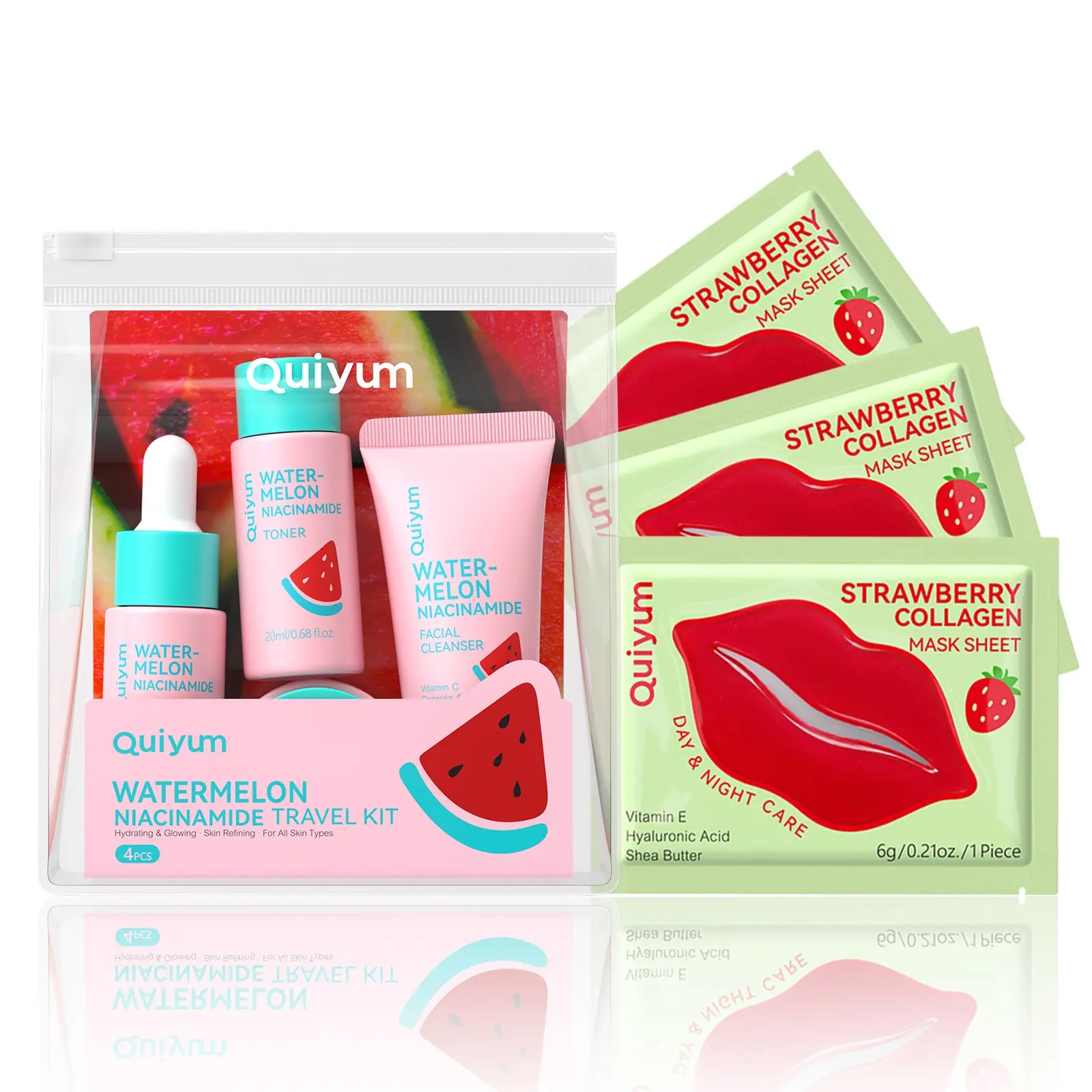 Watermelon Niacinamide Travel Skincare Kit 4pcs with Strawberry Collagen Lip Mask Sheet Set – Hydrating Mini Face Wash, Toner, Serum & Moisturizer, The Ultimate On-The-Go Mini Skincare Bundle, Glowing Skin