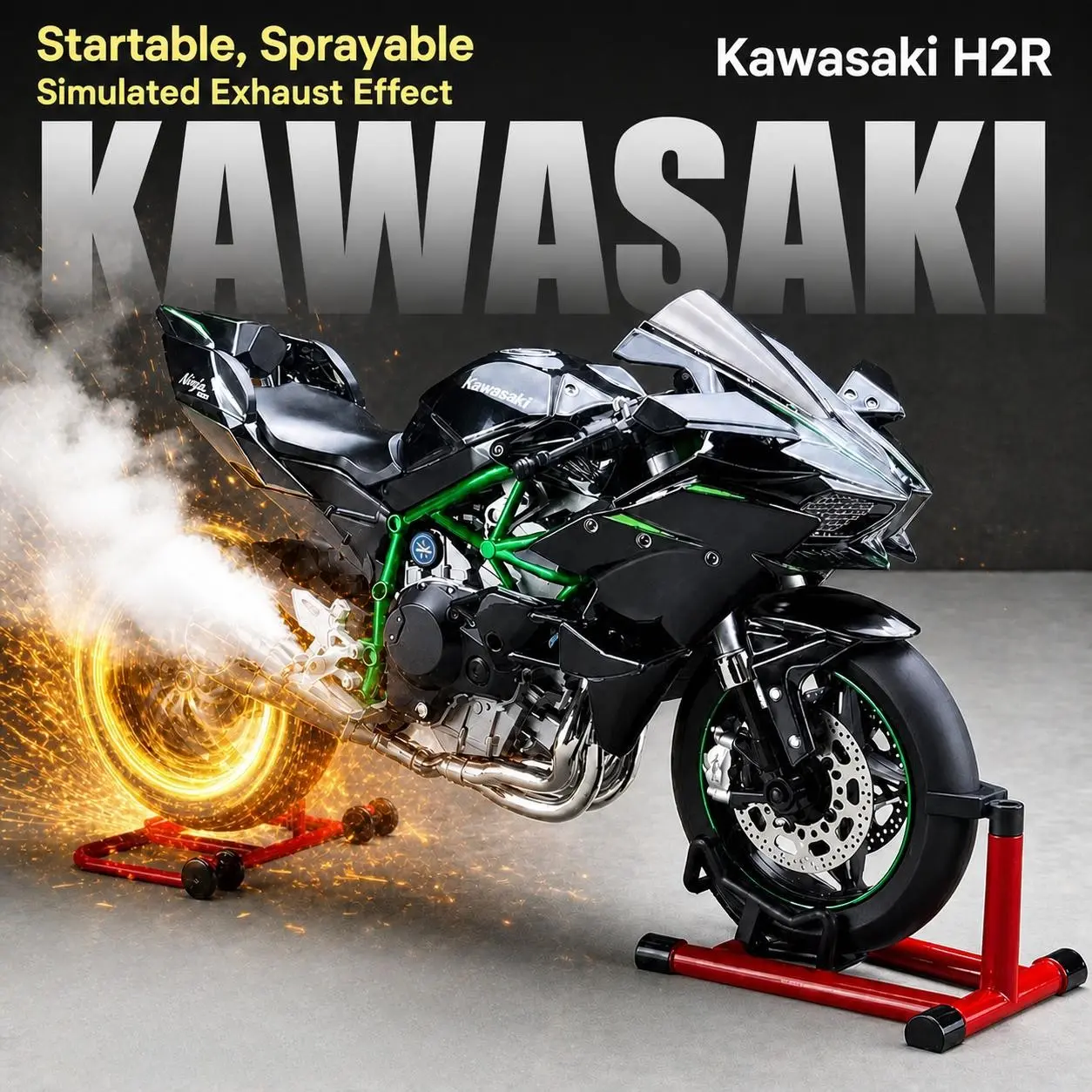 1:9 Dynamic Kawasaki H2r Motorcycle Model, Simulation Throttle Exhaust Spray Light Sound Effects, Elevating Stand, Desk Decor for Boys