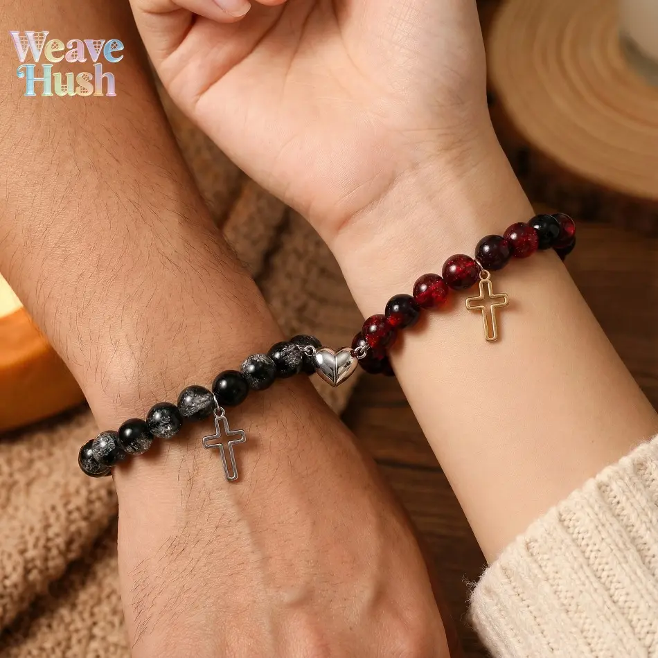 Black Cross Magnetic Bracelet Set, 10mm Black and Red Beaded Stainless Steel Jewelry for Couples, Casual Friendship Gift, Black And Black Cross Magnetic Bracelet.