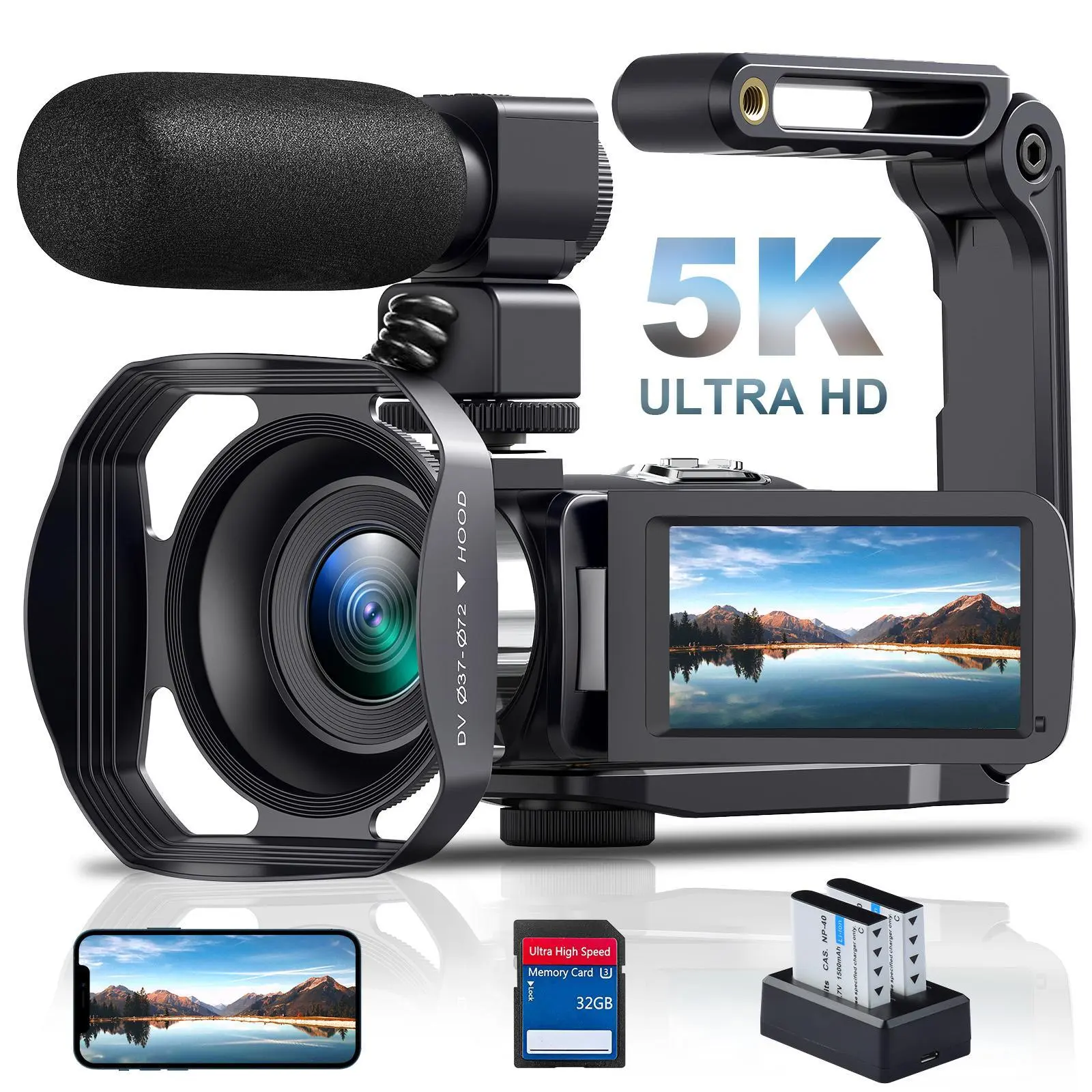 5K 64MP Camcorder IR Night Vision Vlogging 18X Zoom WiFi Digital for 3.0'' Touch Screen Recorder with 32GB SD Card, Microphone, 2.4G Remote Control