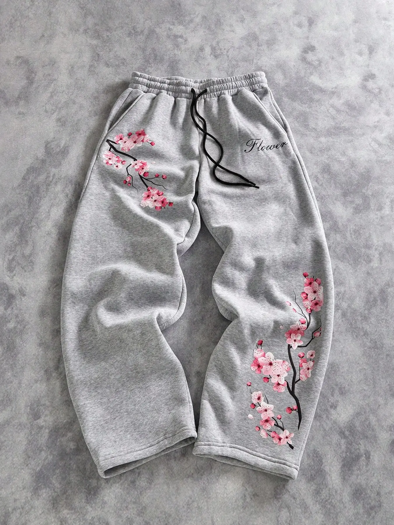 Men's Long Pants with Cherry Blossom Floral Print, Casual Street Style, Comfortable Mid-Waist Drawstring, All-Season Fashion
