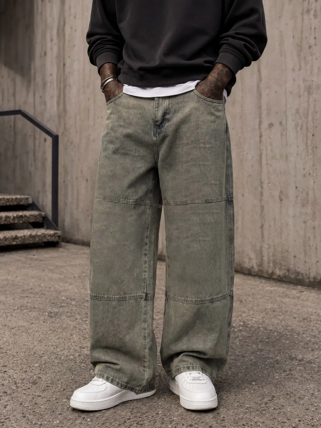 Men’s Mud Yellow Washed Loose Wide-Leg Jeans / Contrast Stitching Design / Vintage Workwear / Carpenter Jeans / Paneled Design / Loose Wide-Leg / Oversized / Y2K Skate Streetwear / Hip-Hop / Pair with White Sneakers