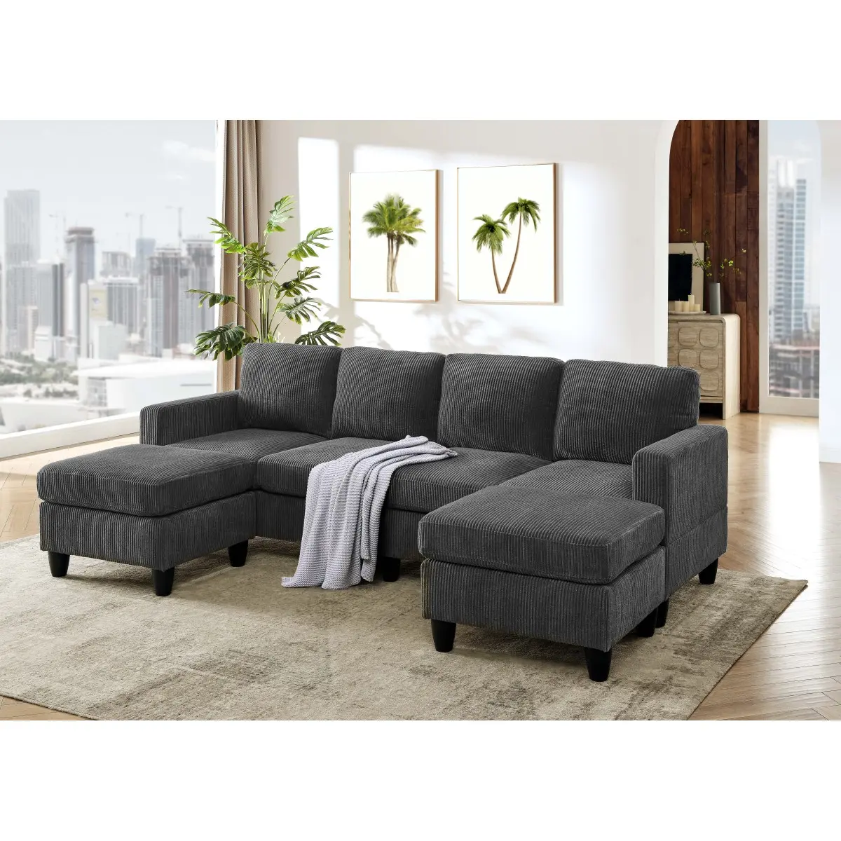 Aobtkel Savannah Customizable L-Shaped Classic Corduroy Modular Sectional Sofa with Matching Ottoman for Living Space, Separate Lounging Areas