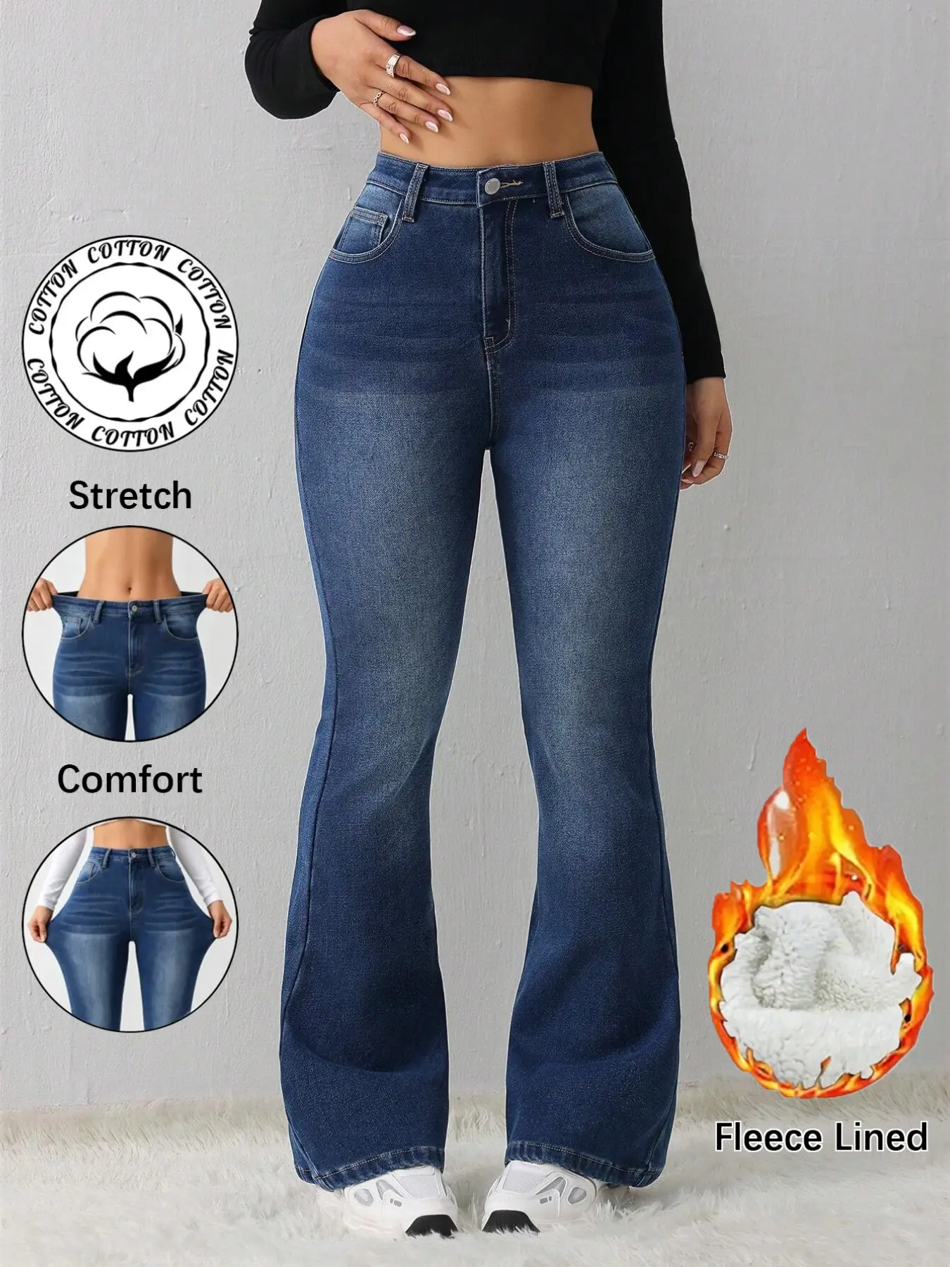 Women's Jeans Casual Sexy Slim-Fitting Elastic Flared Pants Blue Thermal Lined Jeans Winter Jeans Thermal Denim Teddy Denim Teddy Thermal Fuzzy Fleece Teddy Flare Leggings Women Jeans Fleece Flare Leggings