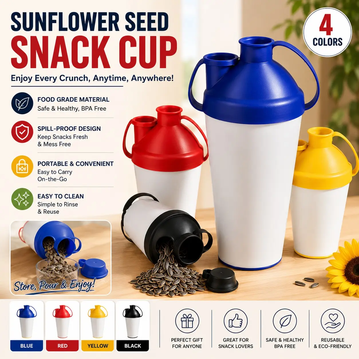 Sunflower Seed Snack Cup, Reusable Seed & Shell Holder, Portable Outdoor Sports Travel Snack Container, for Pumpkin Seeds Nuts Pistachios