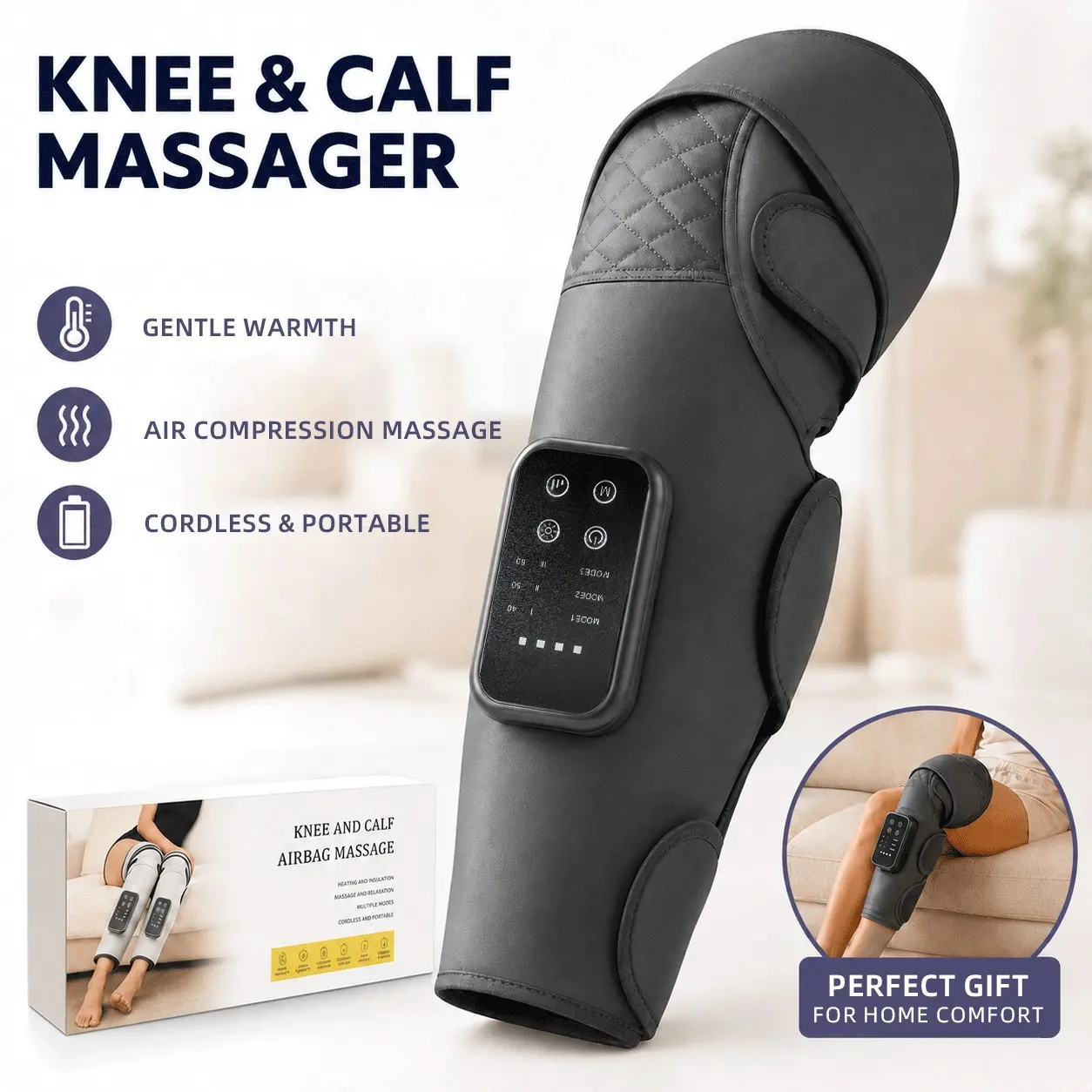 Air Compression Leg Massager with Heat Wireless Knee and Calf Massage Device Daily Relaxation Comfort Care Portable Massager for Home Office and Long Sitting Use