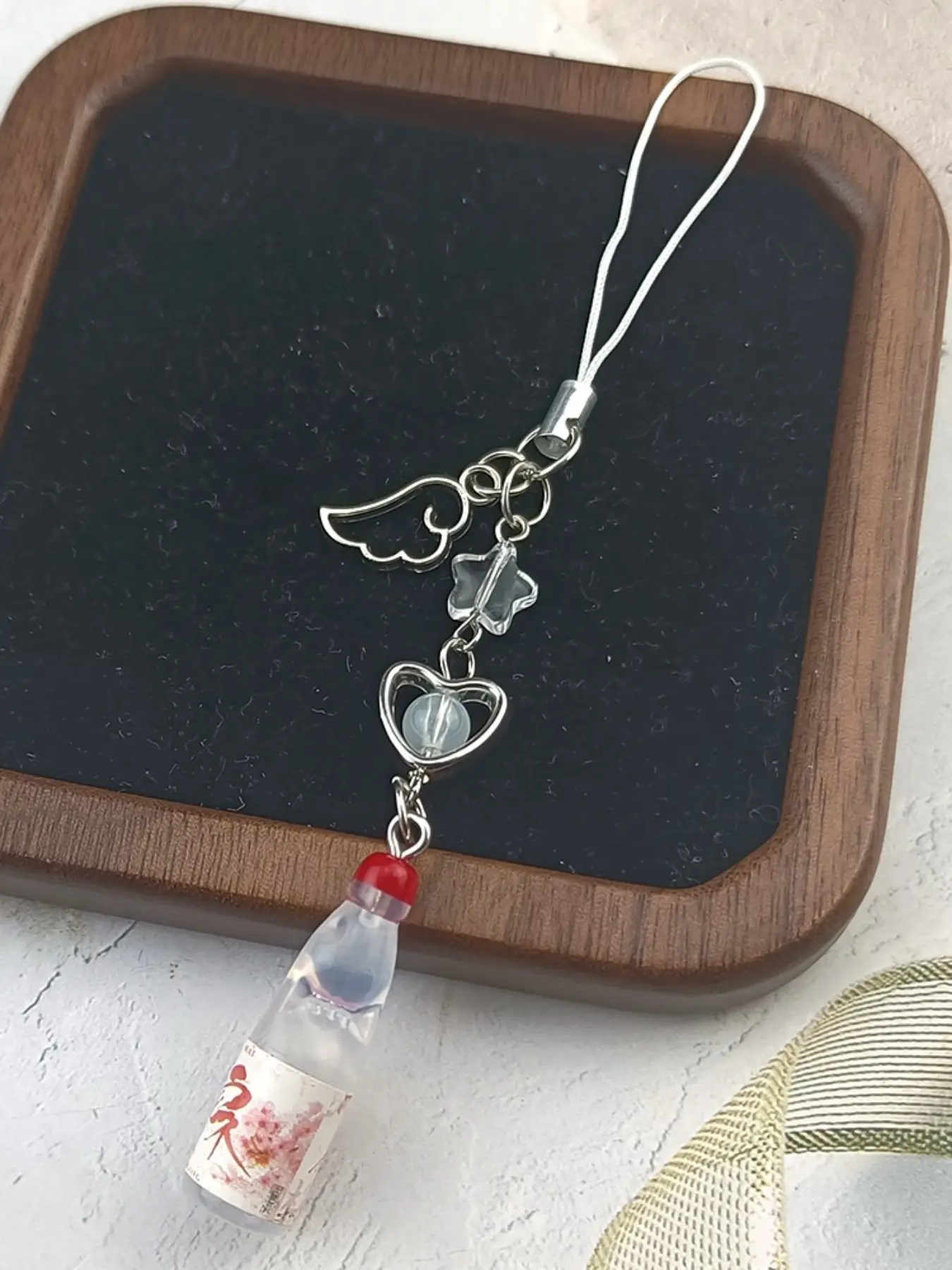 Cute Wings Heart Phone Strap, Mini Glass Bottle Keychain, Japanese Style Soda Charm, Girl's Heart Pendant, Adorable Accessory, Phone Charms, Phone Accessories, Kawaii Charms, Cell Phone Charms