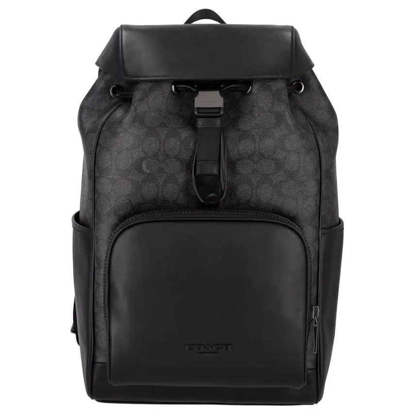 COACH Coach 27 Backpack for Men – Adjustable Strap, Coated Canvas and Calfskin, Large Size, Black, Black Backpacks, Carry On Backpacks