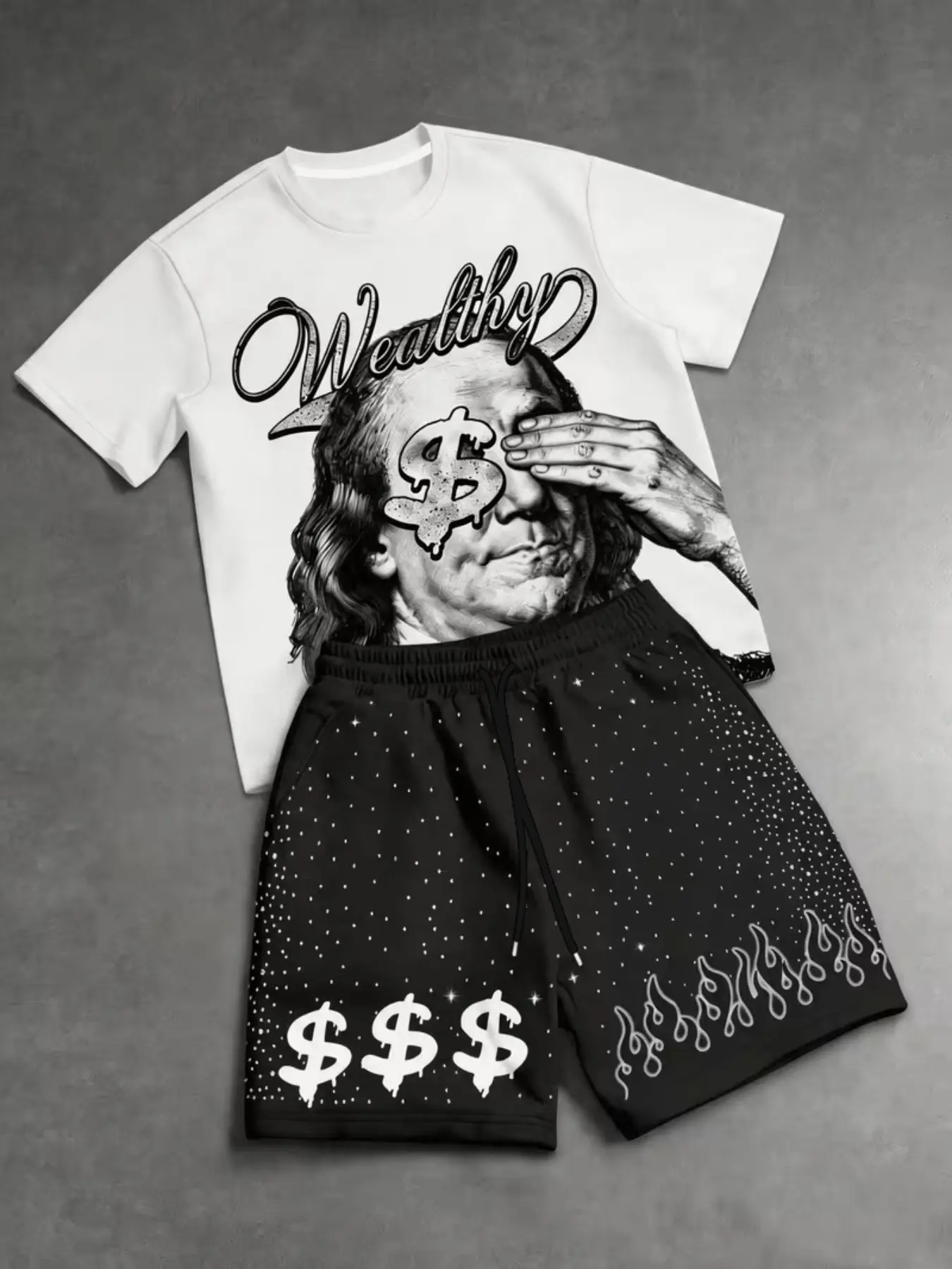 Men's "Wealthy" Print 2-Piece Outfit Set, Loose Fit Oversized T-Shirt & Drawstring Shorts with Dollar & Flame Details, Retro Y2K Streetwear Tracksuit for Summer, Campus, Casual Outings, Parties, Travel, and Hip-Hop Fashion
