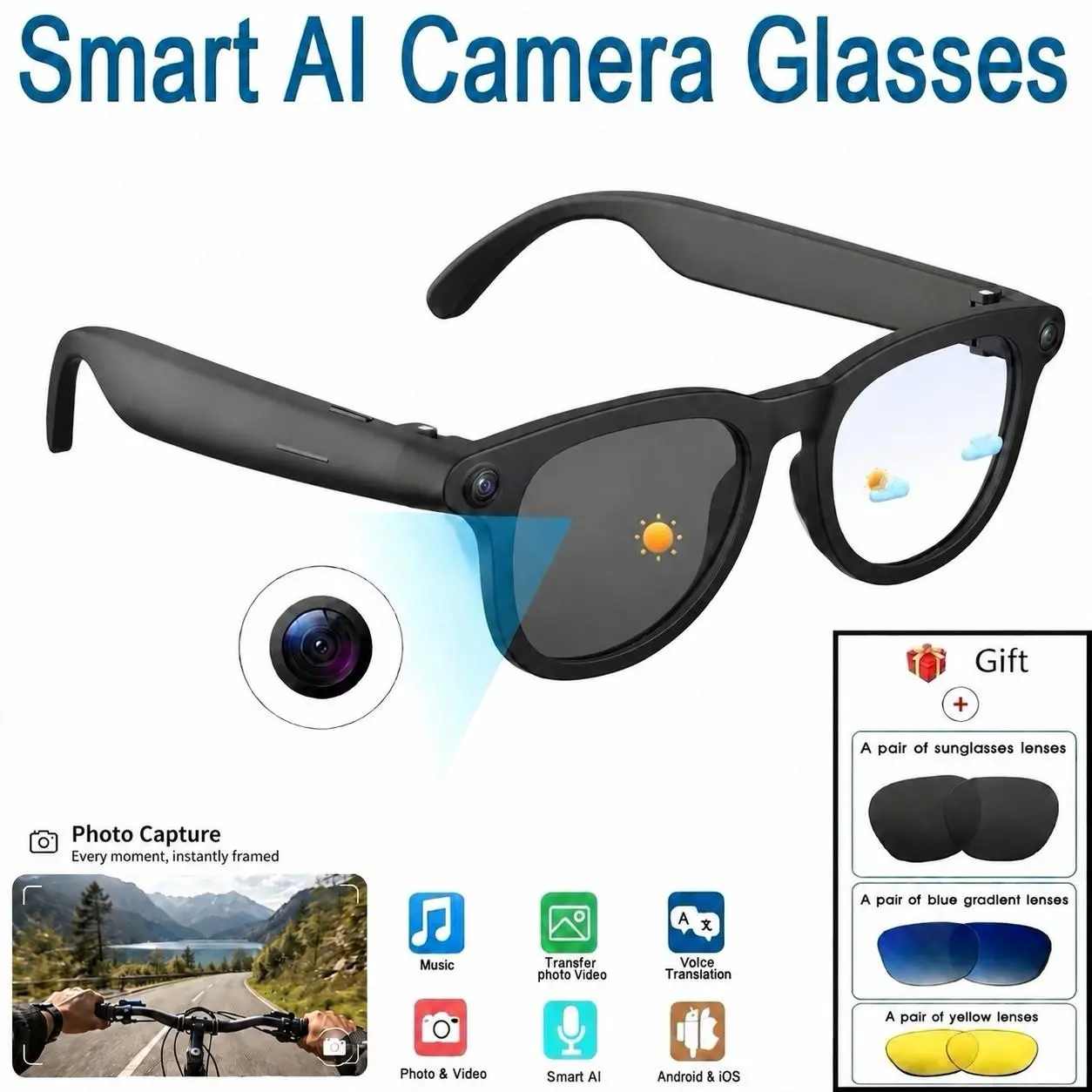 Ai Smart Bluetooth-compatible Glasses with Camera, Free 3 Magnetic Lenses, Photo Video Recording, HD Quality, UV Protection, Blue Light Filter, Real-Time Translation