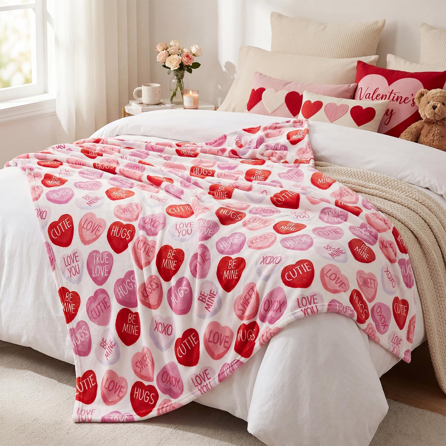 Valentine Flannel Blanket Throw, Pink Hearts with Words Soft Fuzzy Plush Cozy Fleece Blankets for Couch Sofa Bed Lounging, Ideal Gifts for Kids Adults Wife Self, 50x60