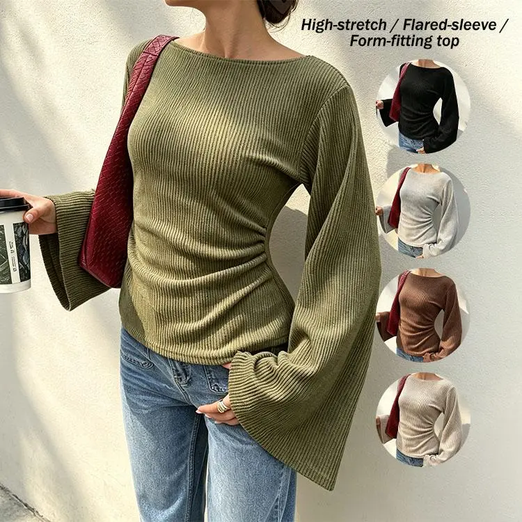 New Autumn Arrivals! Minimalist Ribbed Top with Flared Cuffs | Slim-Fit Off-Shoulder Top