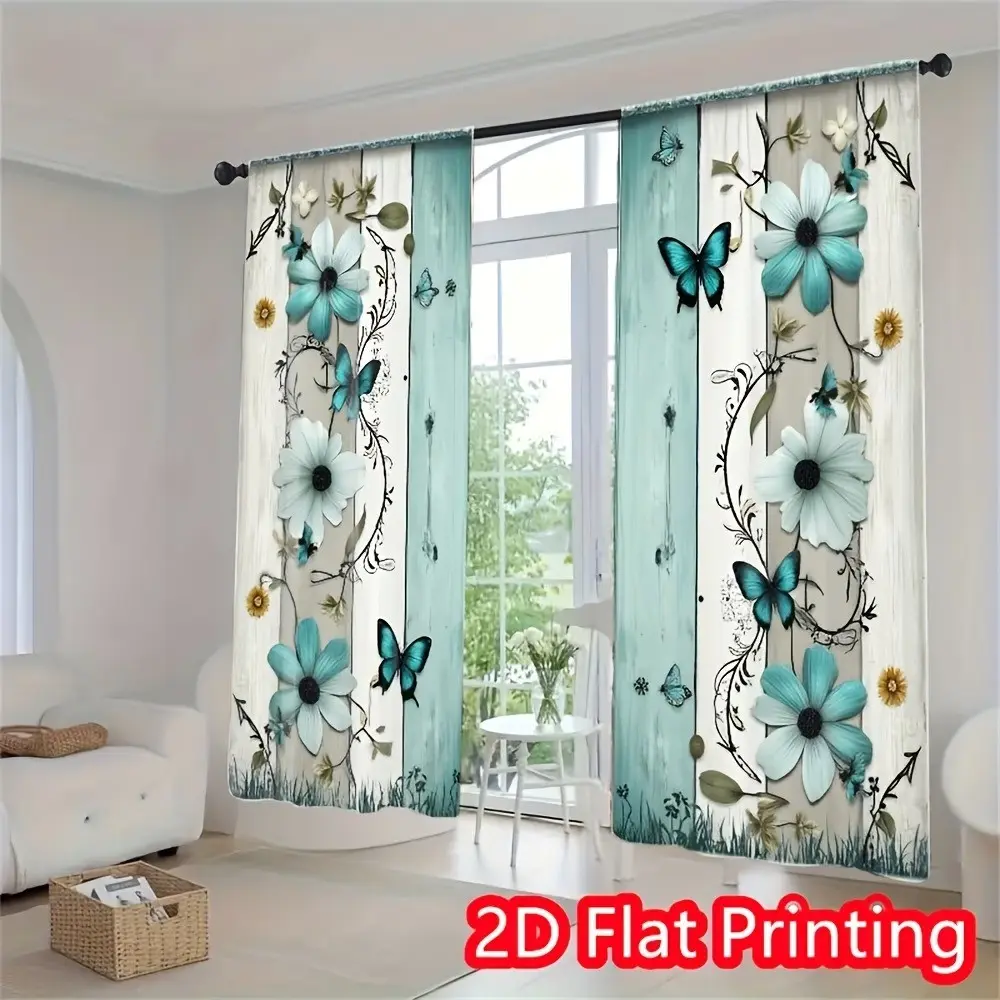2-Pack Blue Daisy Butterfly Floral Window Curtains, Rustic Wood Grain Design, Easy Clean, Privacy, for Living Room, Bedroom, Kitchen, Bathroom