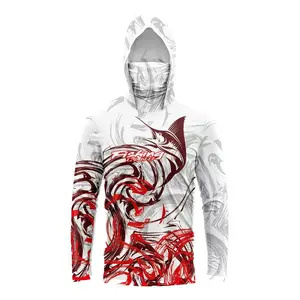Men's T-Shirt Hoodie, Long Sleeve T-Shirt with Face Mask and Hood Design, Surfing and Outdoor Activities, Fishing Sportswear, Full-Body Print Design, Men's Outdoor, Ideal for Fishing, Machine Washable Regular Fit, Outdoor Running, Lightweight