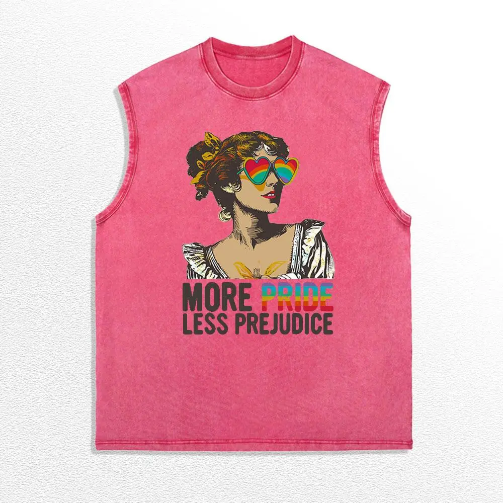 Vintage Washed Pink Pride Sleeveless Tank Top , Retro Lady Rainbow Heart Shades "More Pride Less Prejudice" Graphic Oversized Cutoff Tee , Pride Month Casual Wear Gift For Pride Supporters,Women's Vintage Graphic T-Shirt