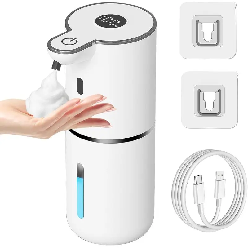 12.8oz/380mL USB Rechargeable Touchless Foaming Soap Dispenser, 6-Level Adjustable Wall Mount Automatic Soap Pump, No Drill Renter Friendly Hands-Free Hygiene Gadget for Bathroom Kitchen Dish & Hand Soap, White