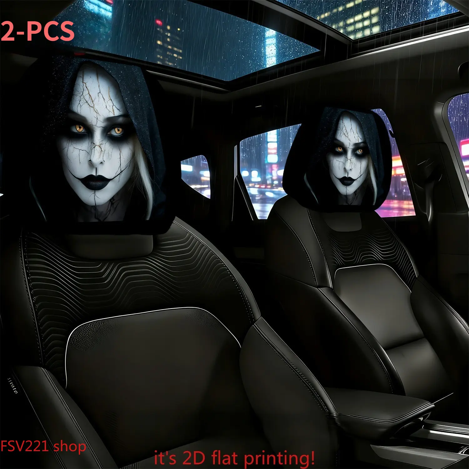 2 Piece Car Headrest Cover Set, Universal Suitable for Long Trips, Washable and Durable Design, Stylish Seat Protector for Car Truck SUV, Car Seat Protector,summeroutfits,vacationoutfits,beachoutfits Scary Halloween Character Headrest Sleeves,