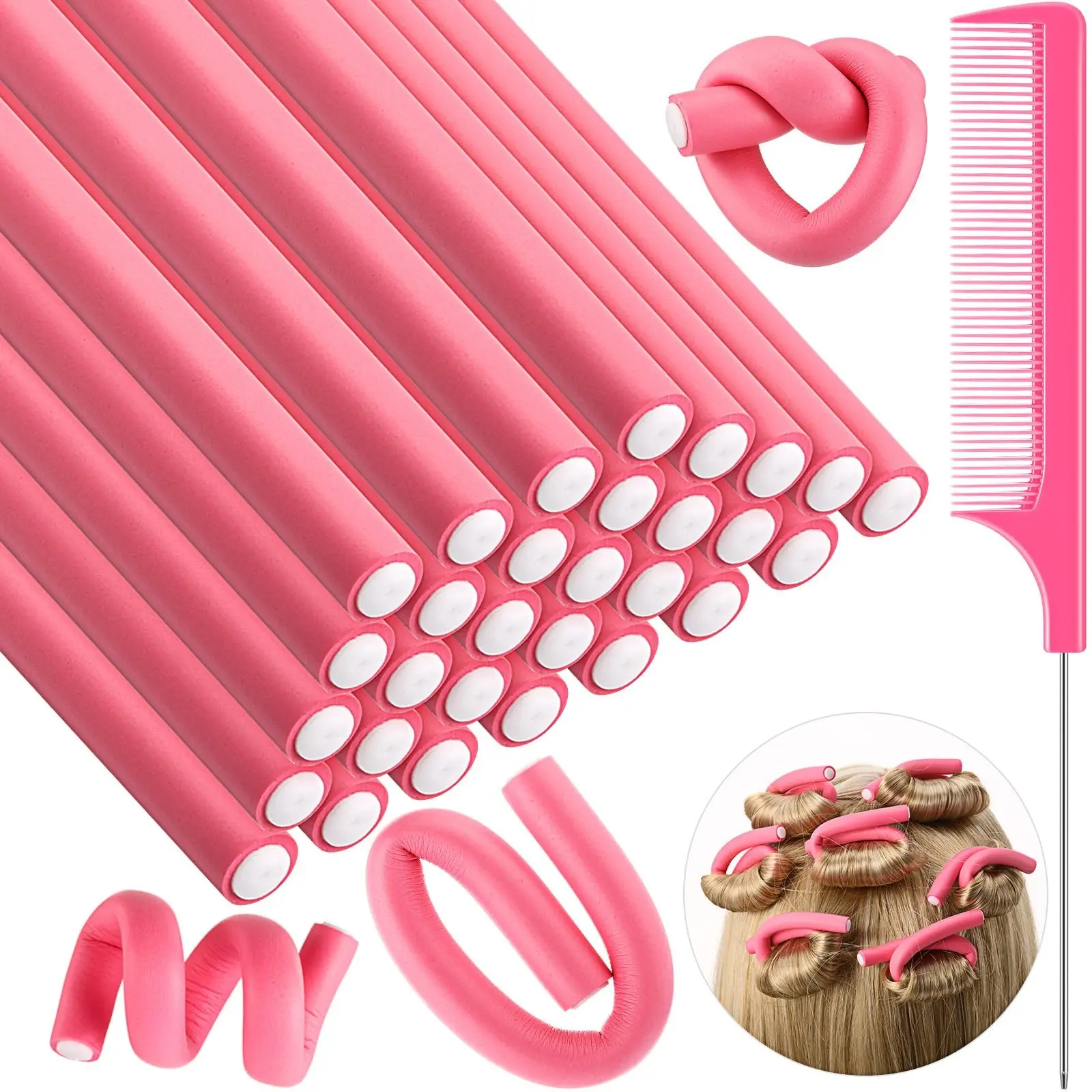 Heatless Curls Without Damage, Soft Foam Rollers for Bouncy Waves Overnight, No Heat Needed, All Hair Types, Includes Comb