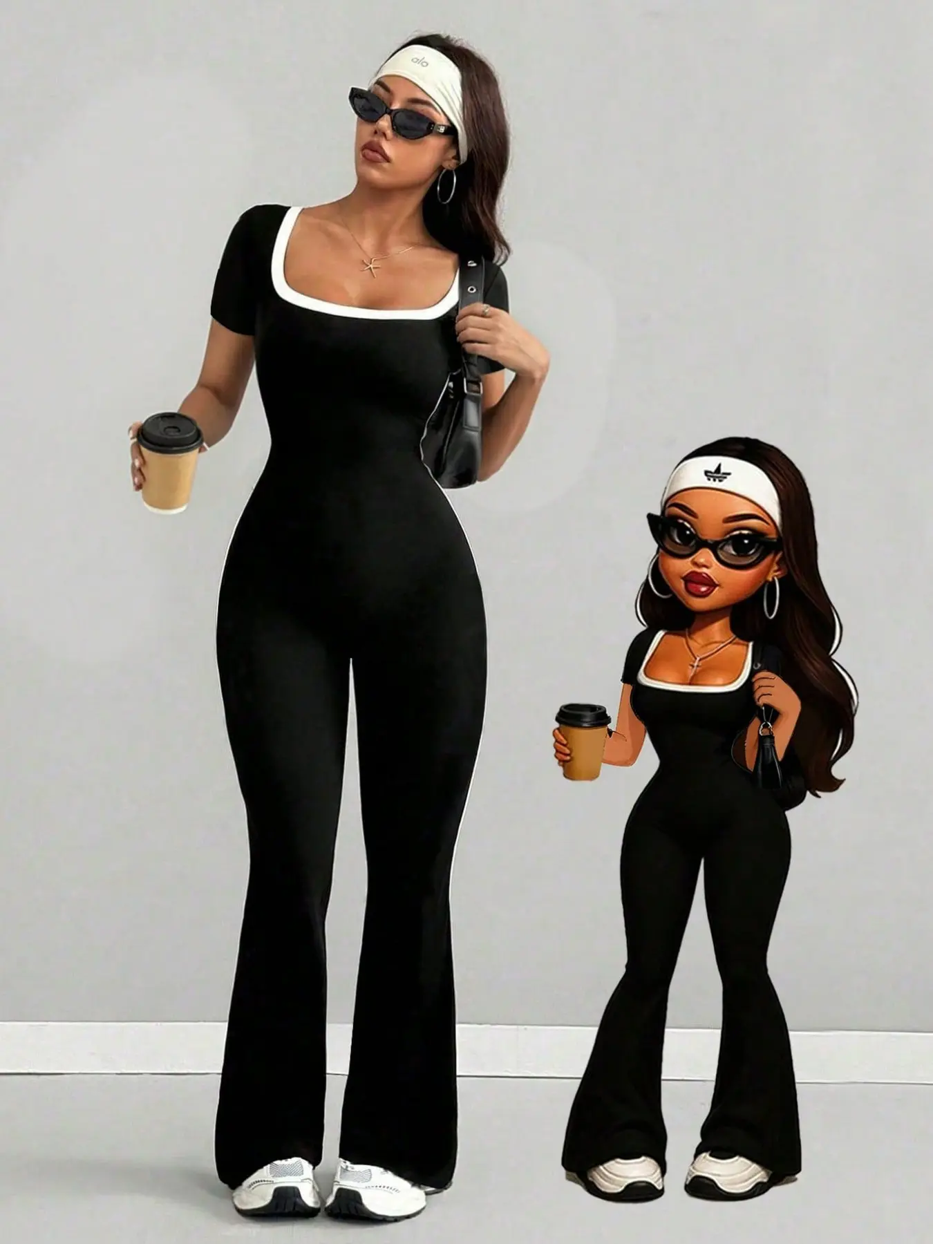 Women Contrast Trim Square Neck Flared Jumpsuit, Back Hollow Cutout One Piece Outfit, high elastic slim fit design, high waist to shape legs. Soft breathable fabric, ideal for yoga, fitness and streetwear, sexy bodycon long jumpsuit for hot girls.