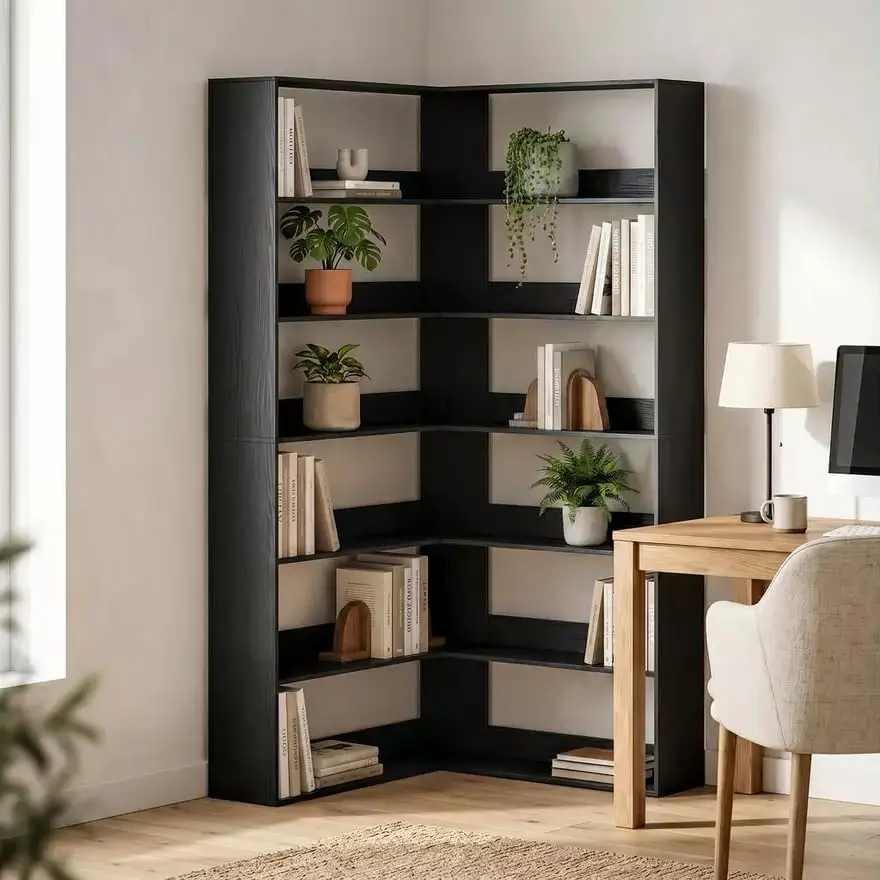 6-Tier Rustic Engineered Wood L-Shaped Corner Bookshelf - Floor-Mount Stable Unit, Requires Assembly, Space-Saving Display Piece for Living Room, Home Office, Bedroom, Bookshelf For Bedroom
