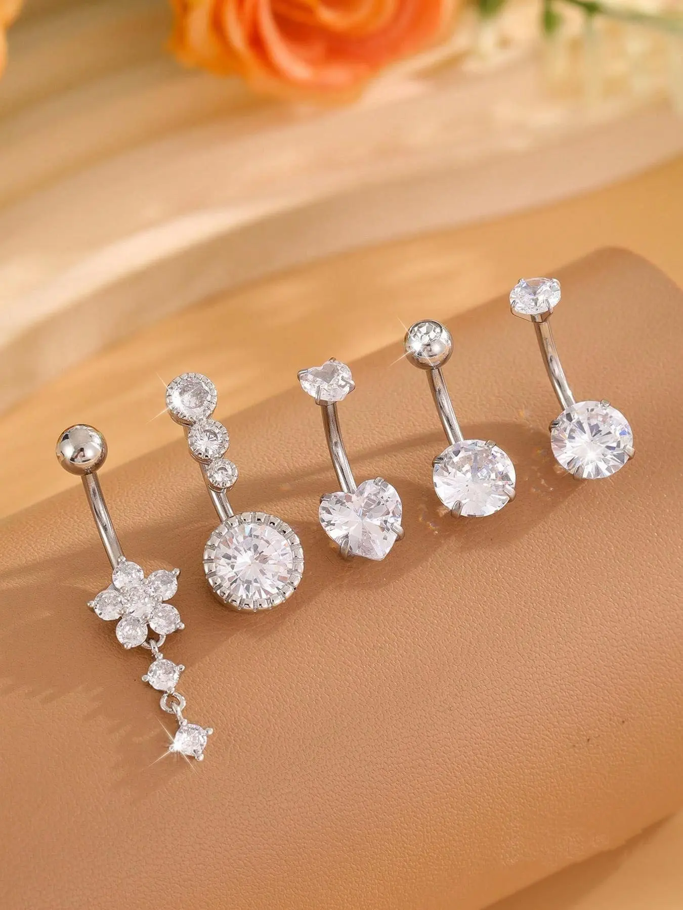 Heart Butterfly Belly Button Piercing Jewelry for Women, Sparkling Zircon Floral Decorated Pendant Navel Rings, Stainless Steel Belly Piercing Jewelry for Party or Casual Wear, Body Piercing Jewelry, Body Jewellery