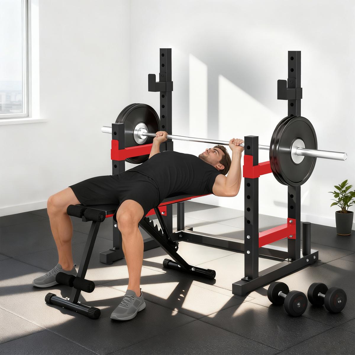 [Fahuac] Soozier Adjustable Squat Rack 660lbs Heavy Duty Bench Press Rack with Weight Plate Holders, 2-Tier Barbell Stand for Weight Lifting and Home Gym Strength Training, Height Adjustable,Red