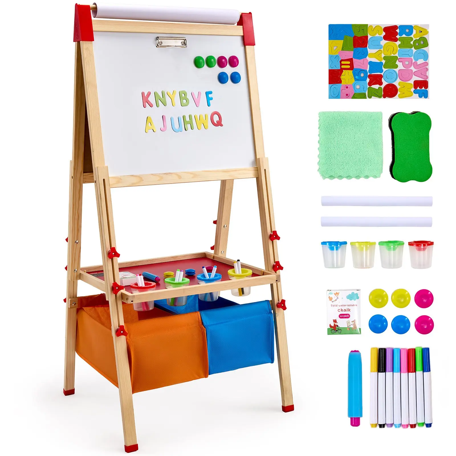 【DealsForYouDays】VEVOR Art Easel for Kids, 3-in-1 Wooden Double-Sided Kid's Art Easel with Magnetic Whiteboard, Chalkboard, Paper Roll, Adjustable Standing Drawing Board with Painting Accessories, Storage for Boy Girl
