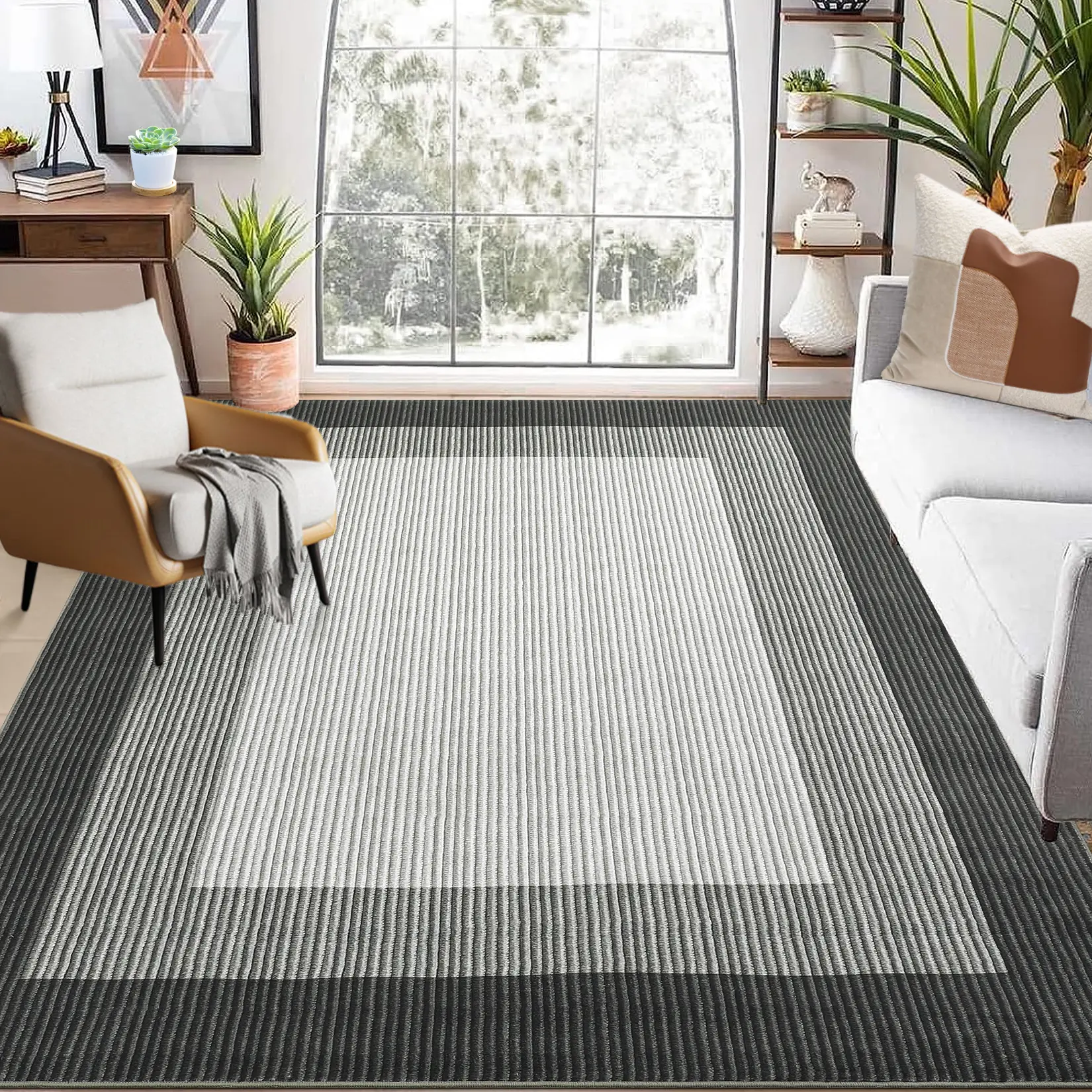 Large Living Room Rug Machine Washable Faux Wool Carpet with Non-Slip Backing, Stain & Fade Resistant Low Pile Bordered Area Rug for Bedroom Playroom Dining Room