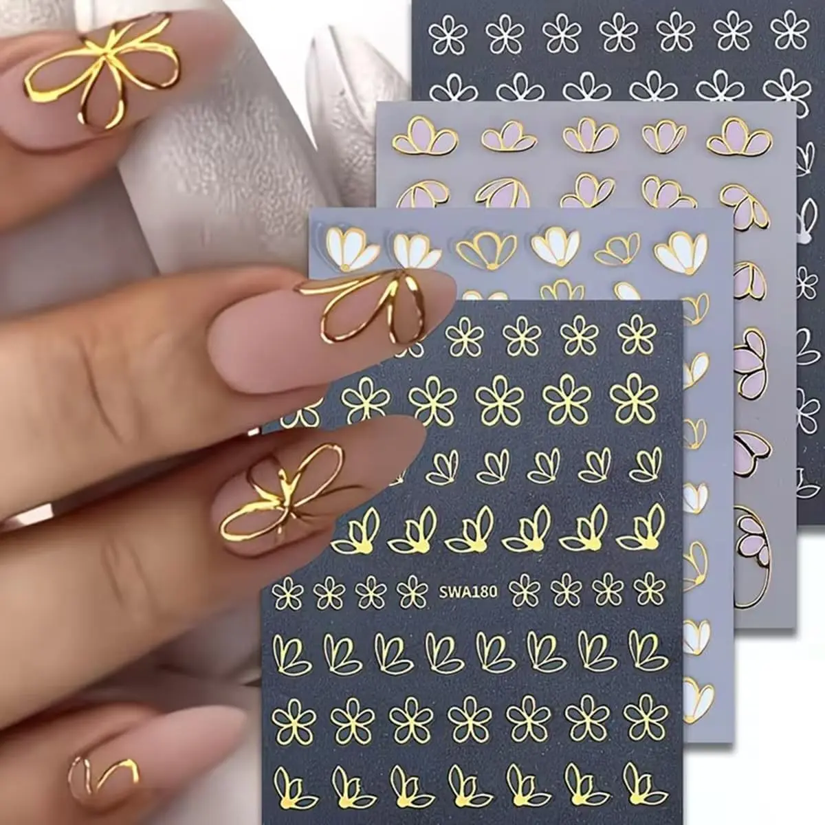 4 Pcs 3D Flower Nail Stickers, Self-Adhesive Nail Decals for Nail Art, Gold-Stamped Flower Nail Art Stickers Decals, 3-Petal & 5-Petal Hollow Floral Design, Summer Nail Decoration for Women, Nail Art Supplies