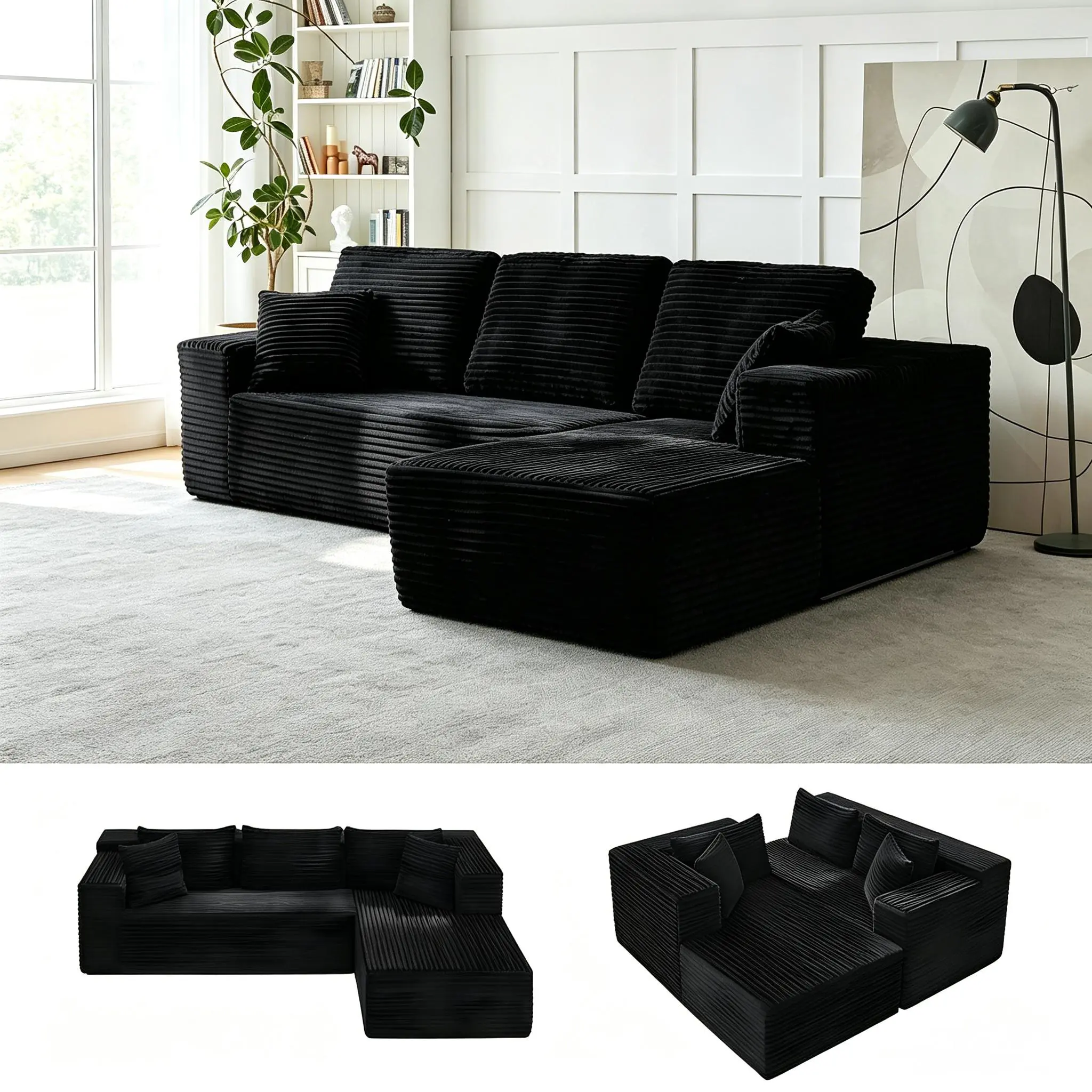 L-Shaped Corduroy Boneless Cloud Compression Sectional Sofa with Chaise - Sturdy No-Assembly Couch in a Box, Sleeper Bed, Modular Deep Seating High-Density Foam Upholstered Small Living Room Sofa