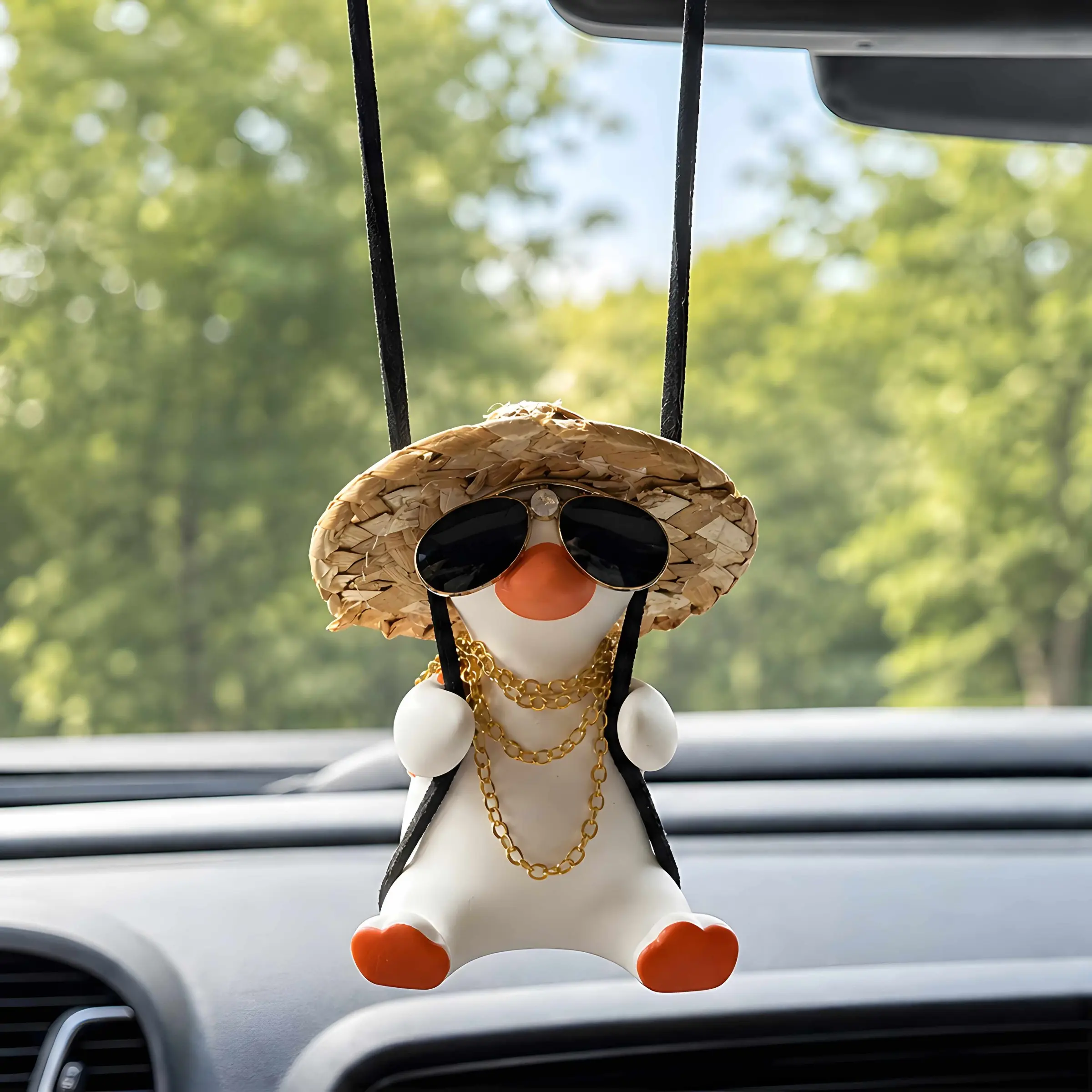 Car Mirror Duck Pendant, Resin Car Decor, Cute Stress Relief Ornament, Unisex Vehicle Accessory, Chain, Trendy Duck Design, Car Ornaments