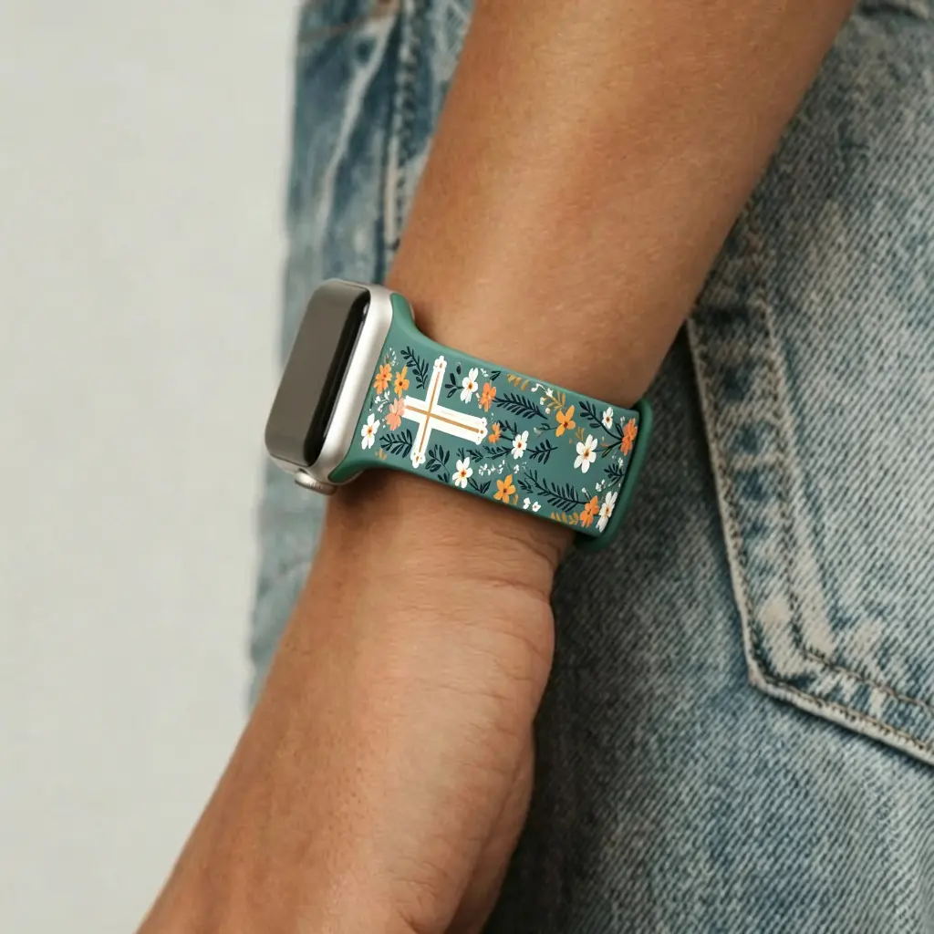 Dusty Blue Floral Christian Cross Print Silicone Bag Strap - Fully Water Resistant Faith Accessory with Adjustable Holes, Soft Boho Replacement for Believers, Multi-Size Luggage & Bag Accessory, Watches