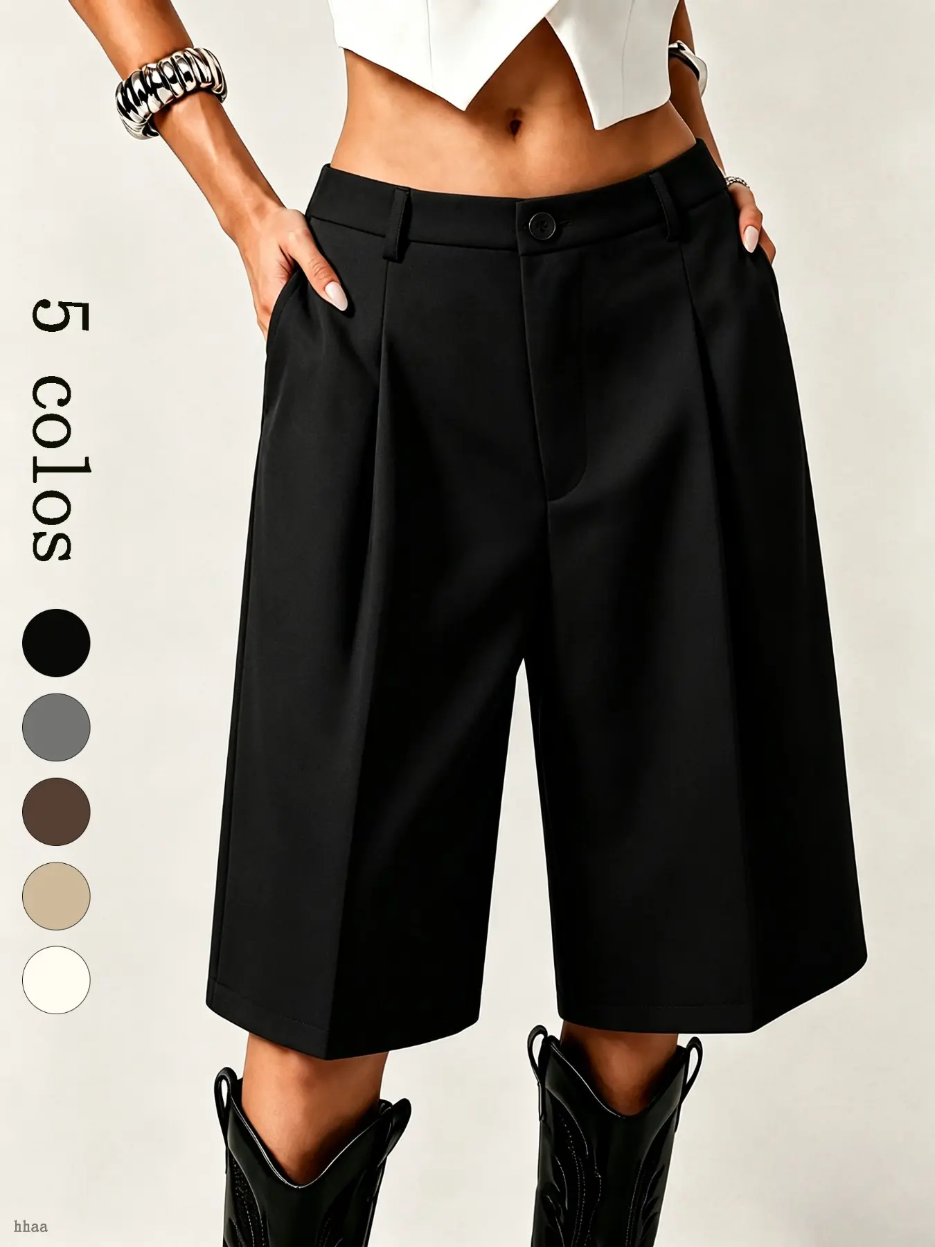 Tiktok Trendy Old Money Style Suit Five-Quarter Wide Leg Pants, High Waist Front Button Back Elastic Waist, Slimming A-Line Suit Pants