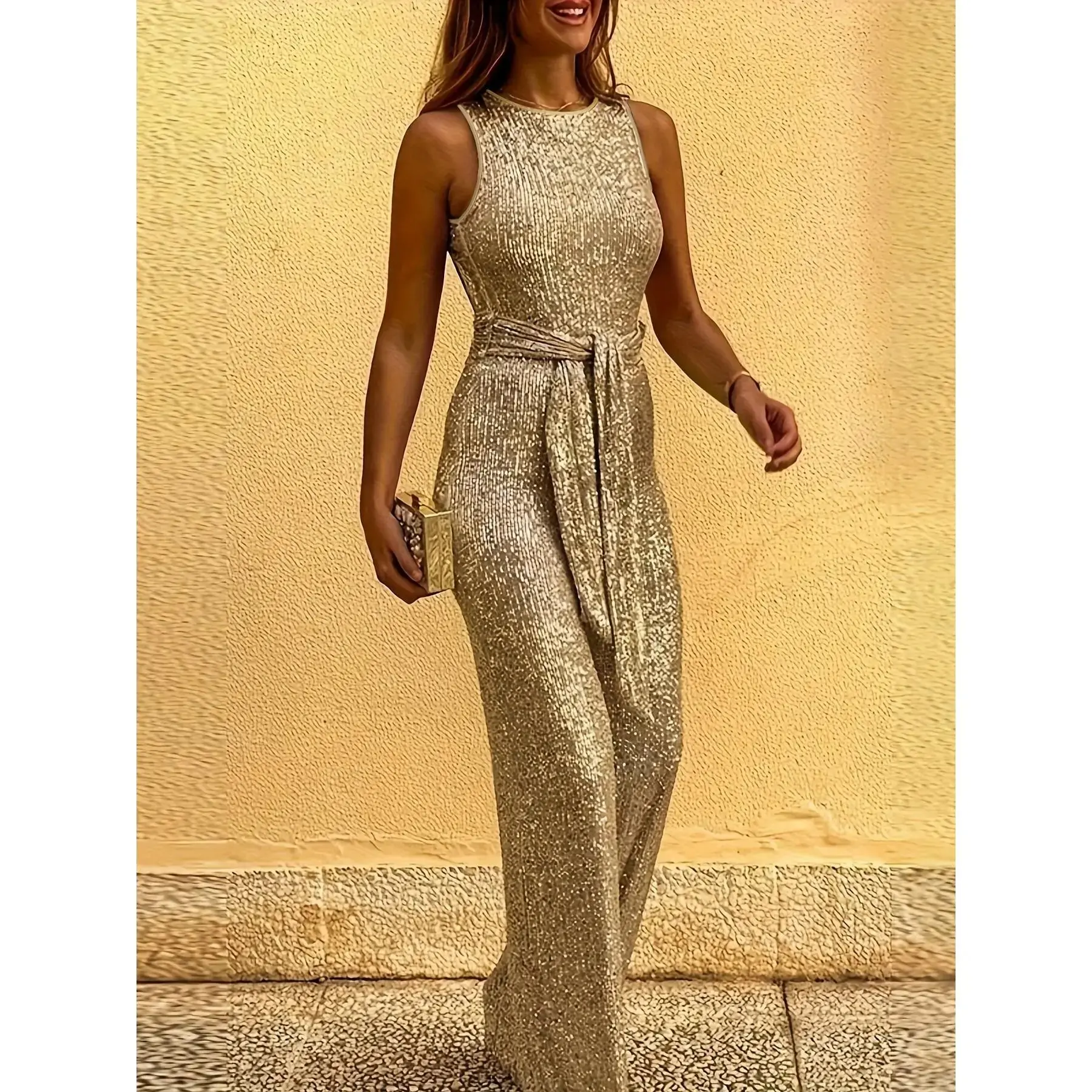 Sequins Solid Crew Neck Jumpsuit, Elegant Wide Leg Sleeveless Tie Waist Jumpsuit - Polyester - For Women - Perfect for Parties & Evening Events - Ideal Gift for Her