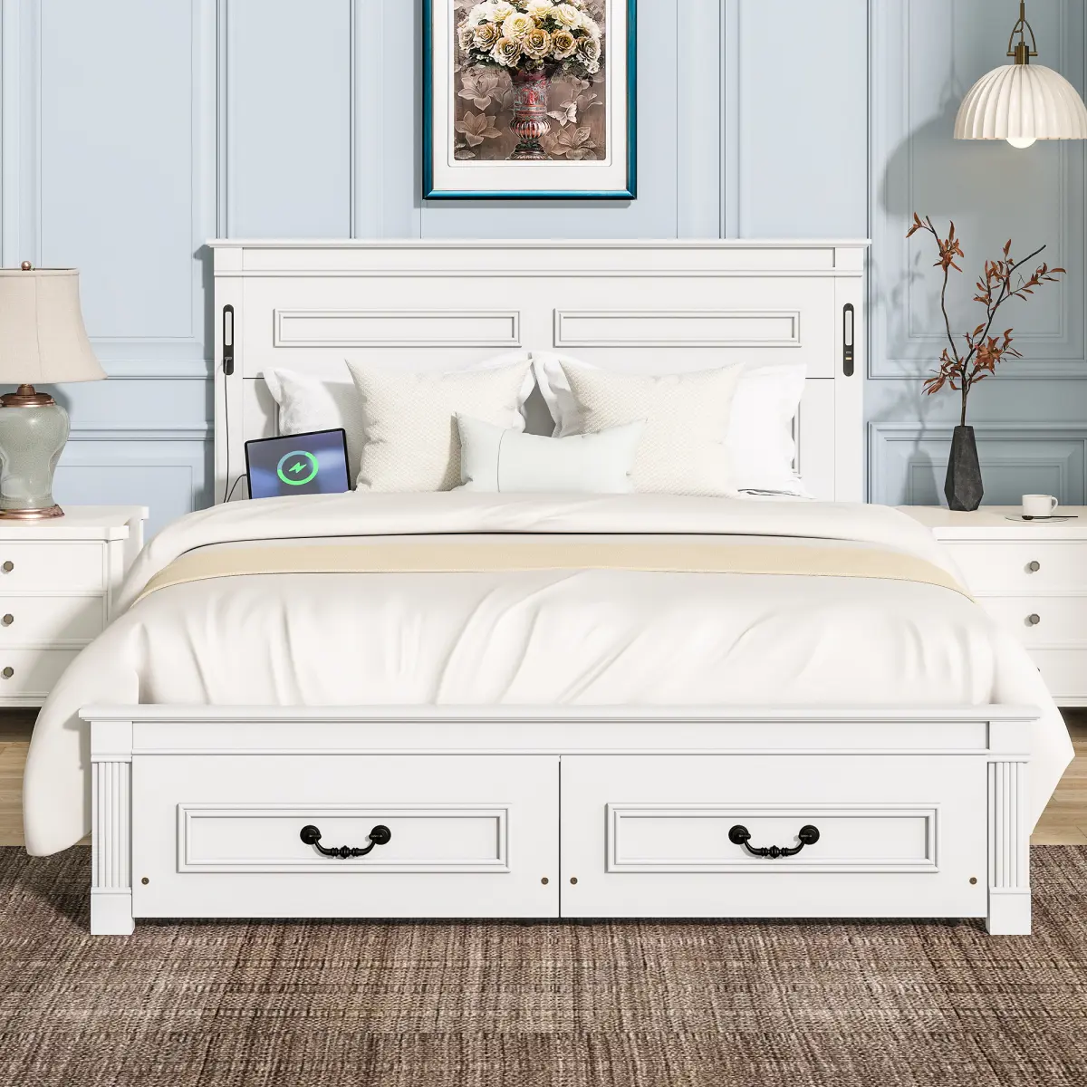 AobtkelQueen Size Bed with Tall-Panel Headboard & Footboard, 2 Storage Drawers, Built-in LED Lights, USB Charging Station, Pinewood Bed with Strengthened Bed Frame,White