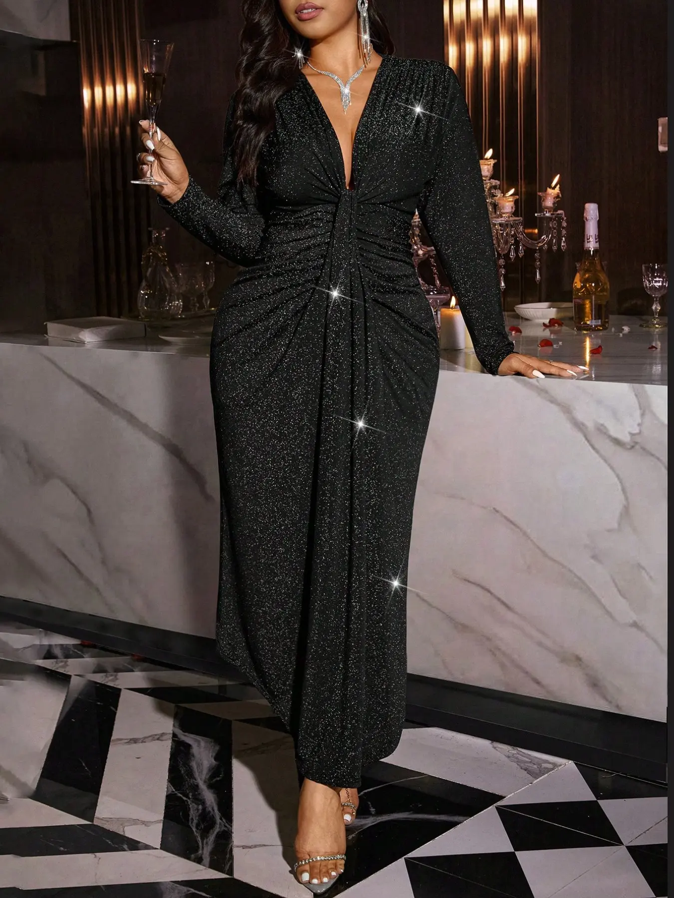 Formal Long Dress for Plus Size, Cross Deep V Neck, Ruched Waist, Long Sleeves, Split Design, Chic Cocktail Party Gown, Knitted Material