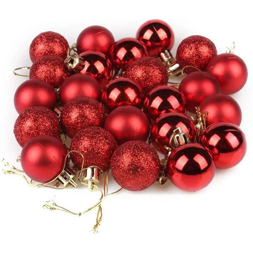 24 count Christmas Ball Ornaments Multicolor Christmas Tree Decoration Balls for Holiday Wedding Party Decoration,with  Hole and Short Line,Diameter 30mm(1.18") (Red)