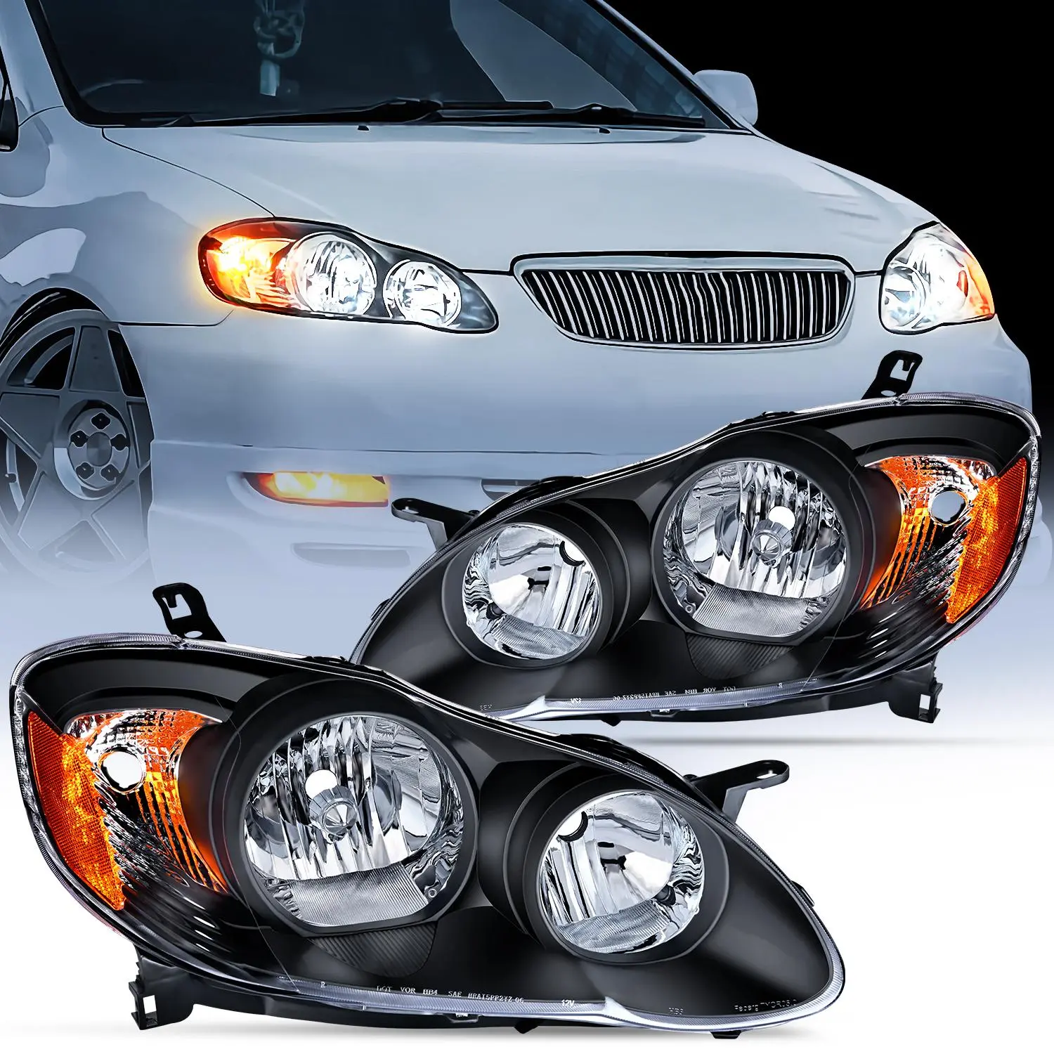 Nilight Brightening Waterproof Reflective Secure Temperature-Resistant IP65 Rated High-Impact Car Headlight Assembly Pair for 2003-2008 Toyota Corolla - Black Housing, Amber Reflector, Wide Beam Driver/Passenger Side Replacements
