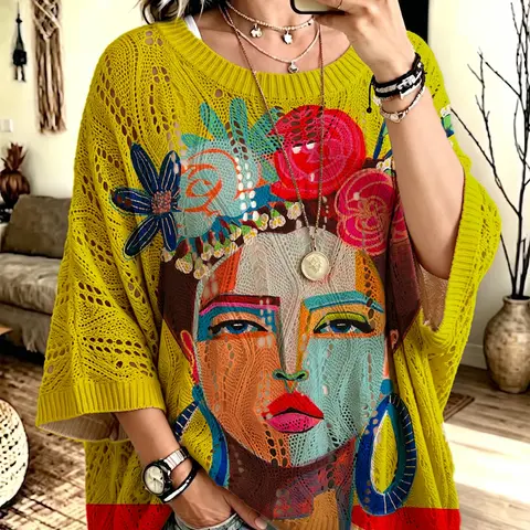 Women's Boho Style Long Sleeve Knit Top, Round Neck Batwing Sleeves, Colorblock Portrait Print, Casual Elegant Commuter Wear