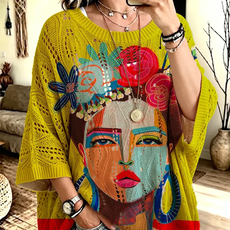 Women's Boho Style Long Sleeve Knit Top, Round Neck Batwing Sleeves, Colorblock Portrait Print, Casual Elegant Commuter Wear