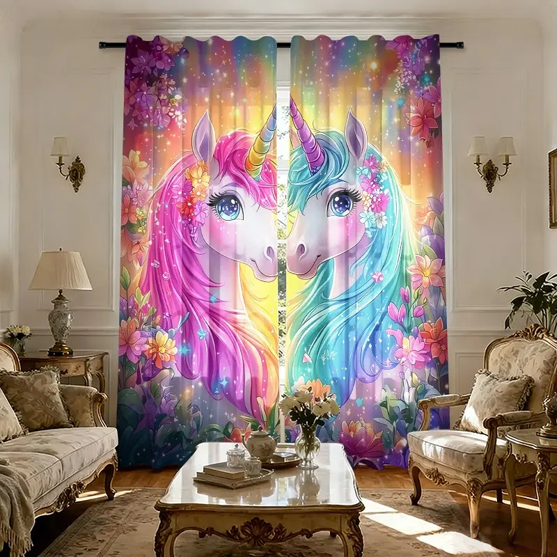 Magic Unicorn Floral Curtains, Window Curtain, Window Drapes, Vibrant Rainbow and Sparkling Stars Design, Half Sunshade Polyester Fiber, Easy Wash, Home Decoration Curtain, Home Decorative Curtain, Home Decor