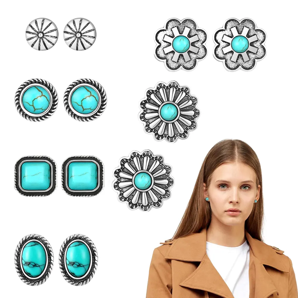 6 Pairs Boho Turquoise Stud Earrings Set, Vintage Western Ethnic Geometric Oval Flower Alloy Earrings, Minimalist Small Turquoise Pierced Ear Jewelry for Women Daily Party Festival