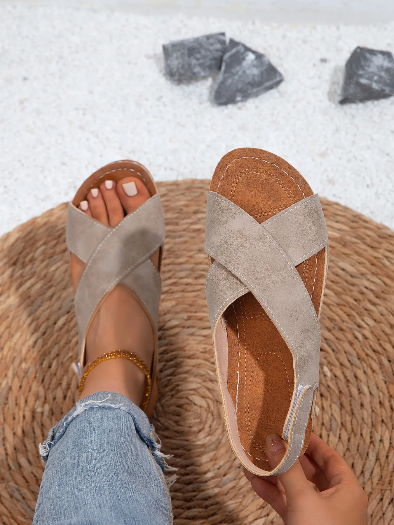 Velcro Wedge Heel Open Back Sandals, Simple American Retro Thick Sole Sandals, Versatile Casual Women's Shoes, Round Toe, PU Upper, Rubber Sole, Casual Summer Sandals