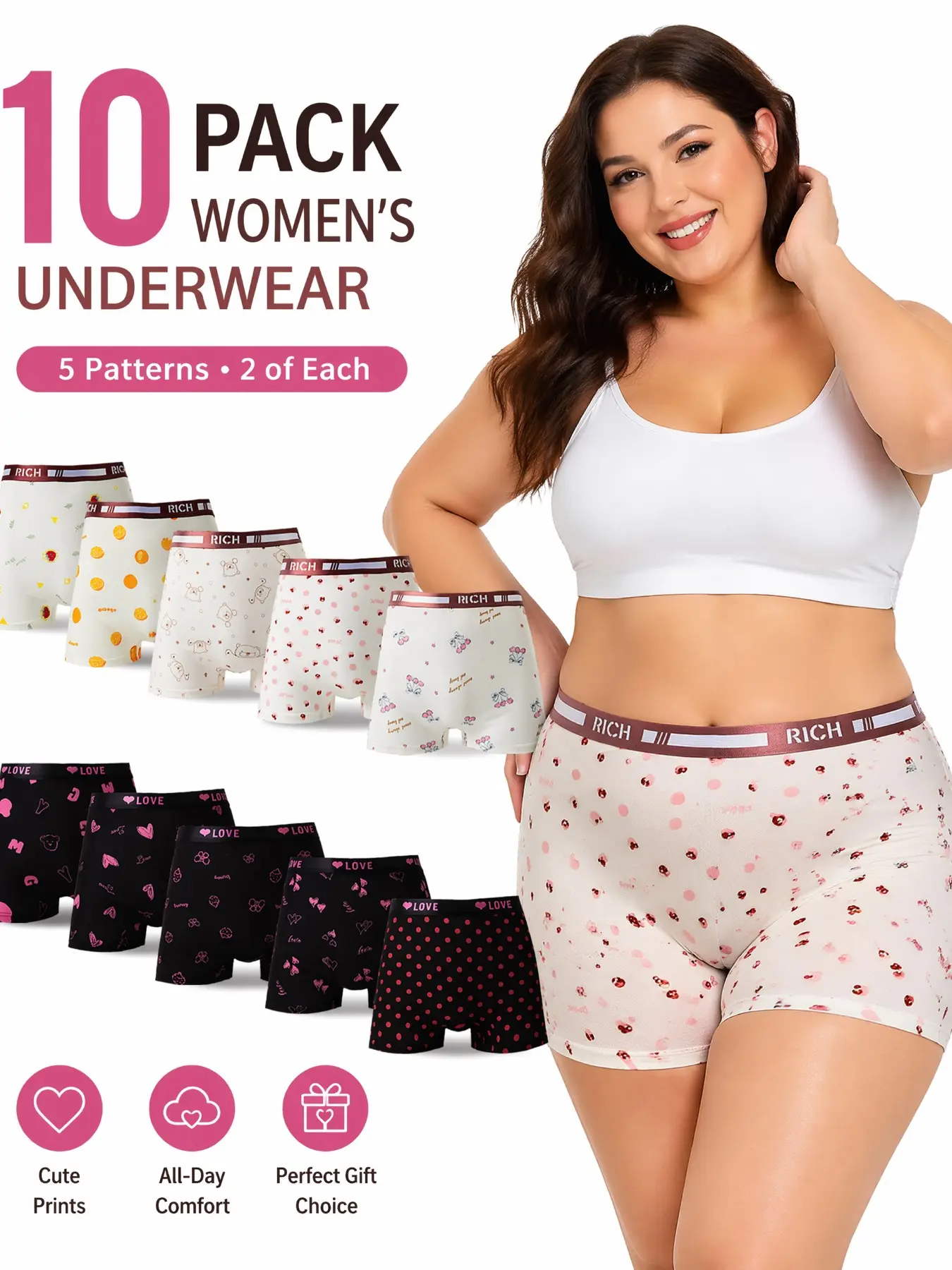 10-Pack Plus-Size Women's High-Waisted Boyshorts, Comfortable Fashion Underwear, All Over Print, Breathable Fabric, Non-Slip Fit