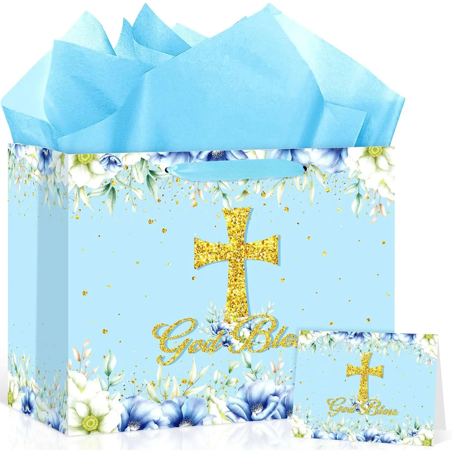 Blue God Bless  Bag with  , Religious  Bag Set with Light Blue Tissue Paper & Greeting Card - Elegant First Holy Communion, Baptism, Christening, Confirmation Present Bag - 11.8 x 9.4 x 5.3 Inches (Blue)