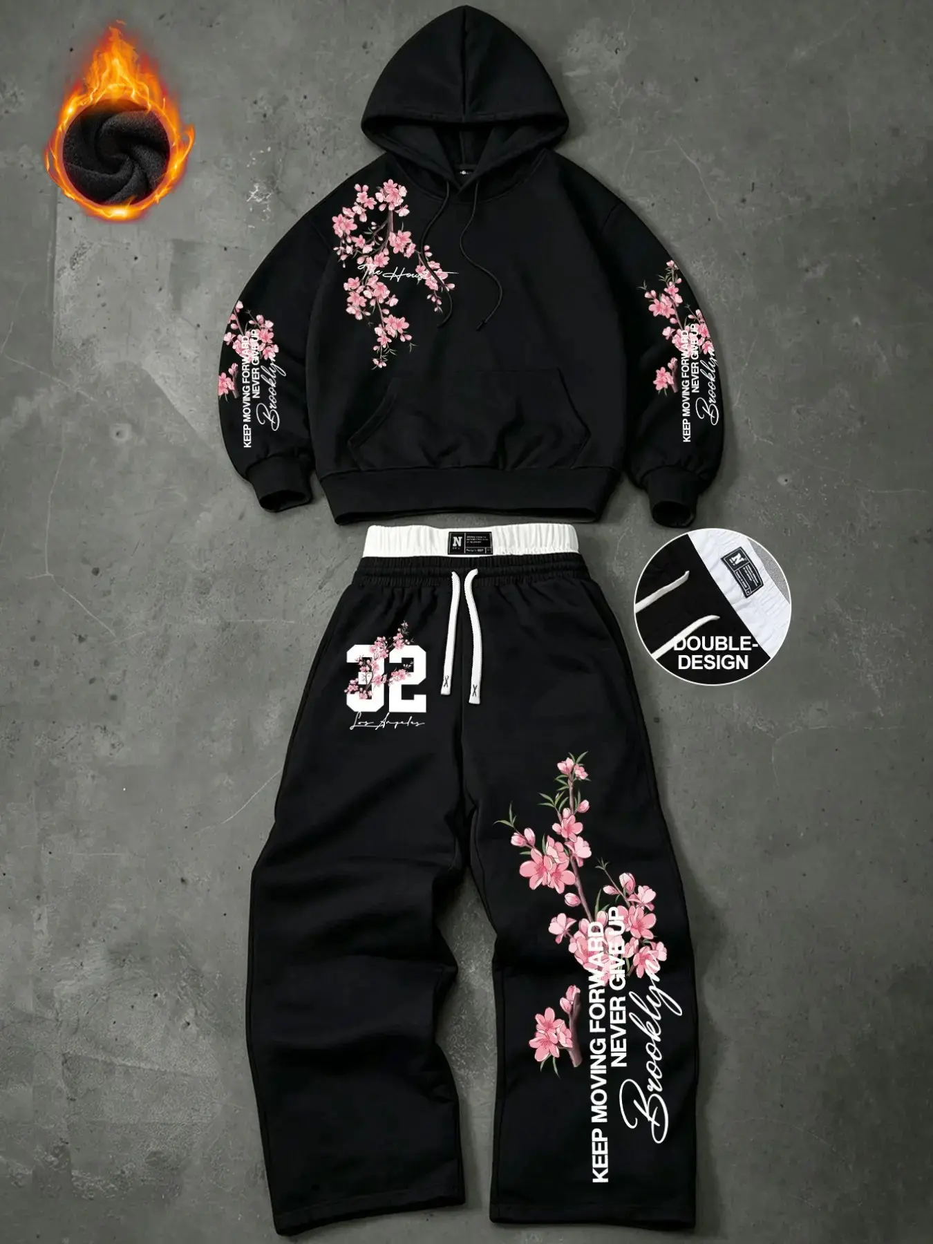 Men's Floral Print Hoodie Set, Cherry Blossom Fleece Hooded Top + Loose Wide Leg Pants, Streetwear Hip Hop Casual