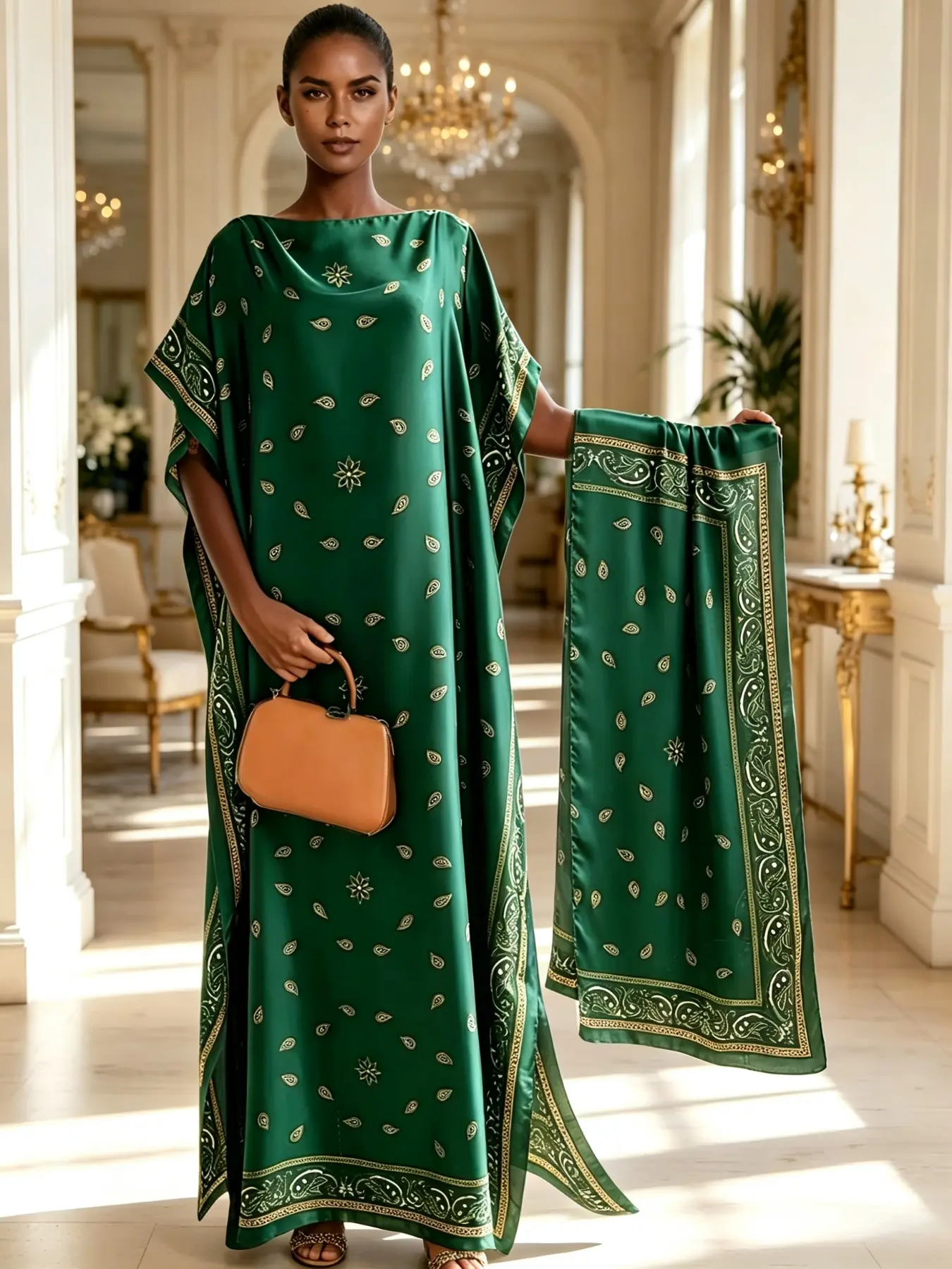 Plus Size Women's Two-Piece Satin Kaftan Set, Emerald Gold Paisley Floral Print Ethnic Pattern Kaftan, Loose Fit Home Beach Vacation, Casual Kaftan Dress
